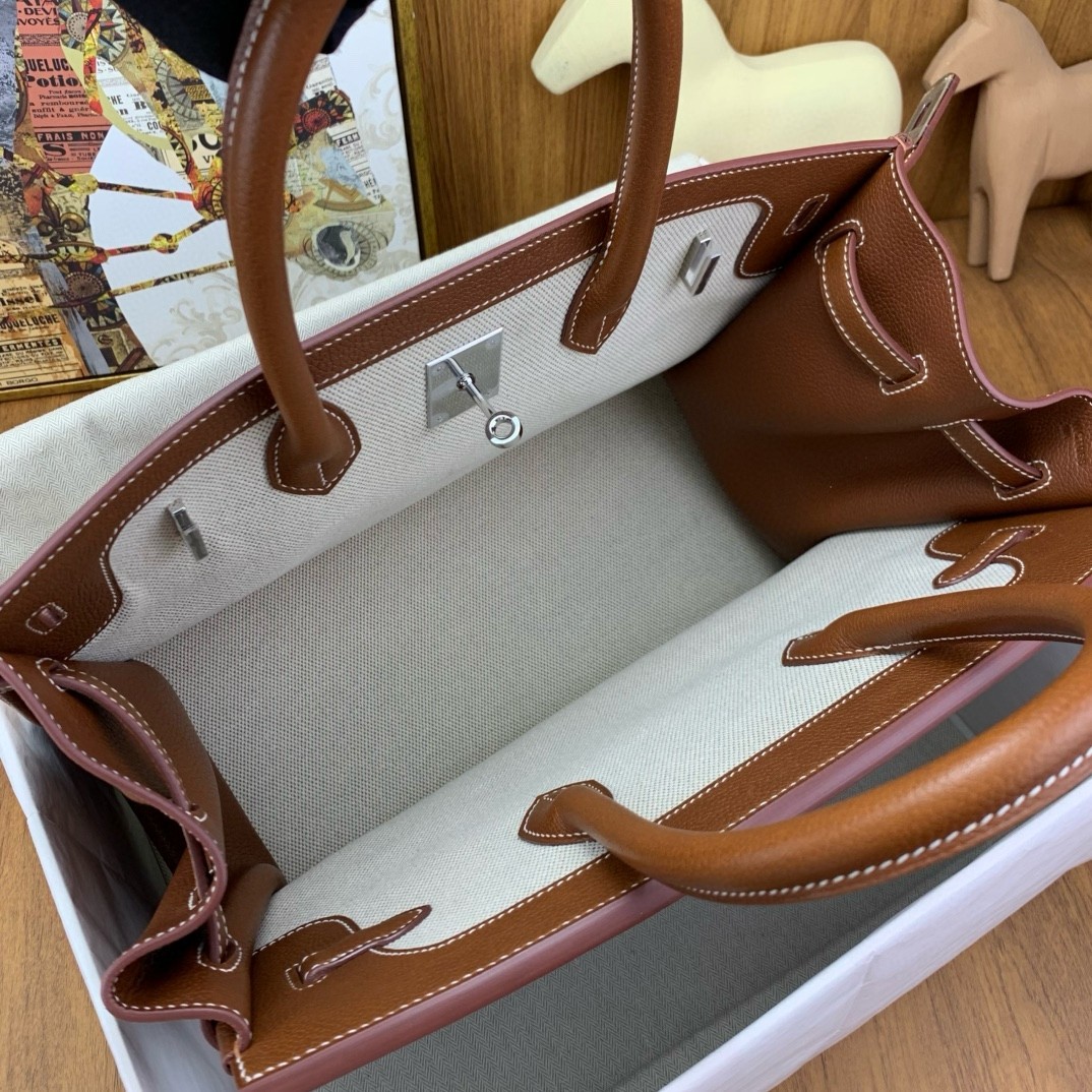 H**mes birkin à l’envers 35 bag in gold clemence leather and canvas