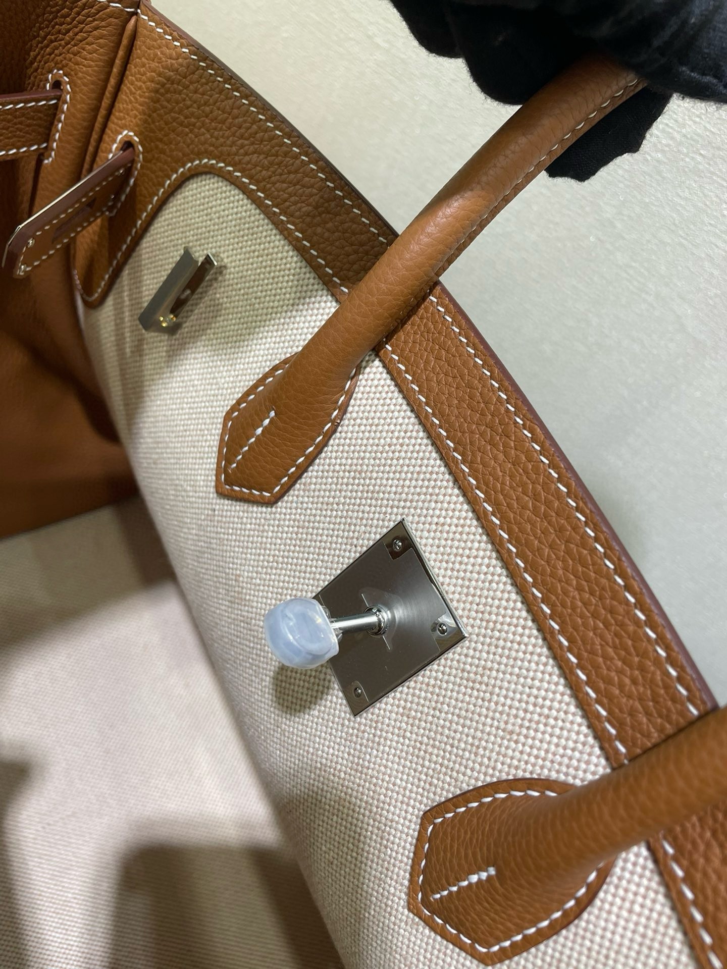 H**mes birkin à l’envers 35 bag in gold clemence leather and canvas