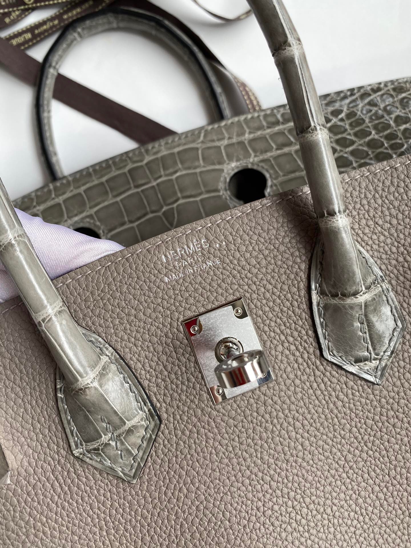 H**mes touch birkin 25 bag in gris asphalt shiny niloticus crocodile skin