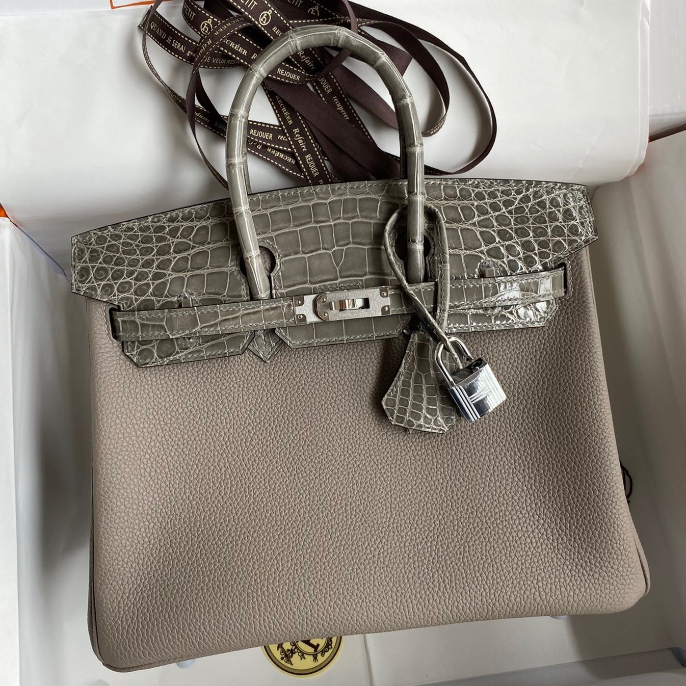 H**mes touch birkin 25 bag in gris asphalt shiny niloticus crocodile skin