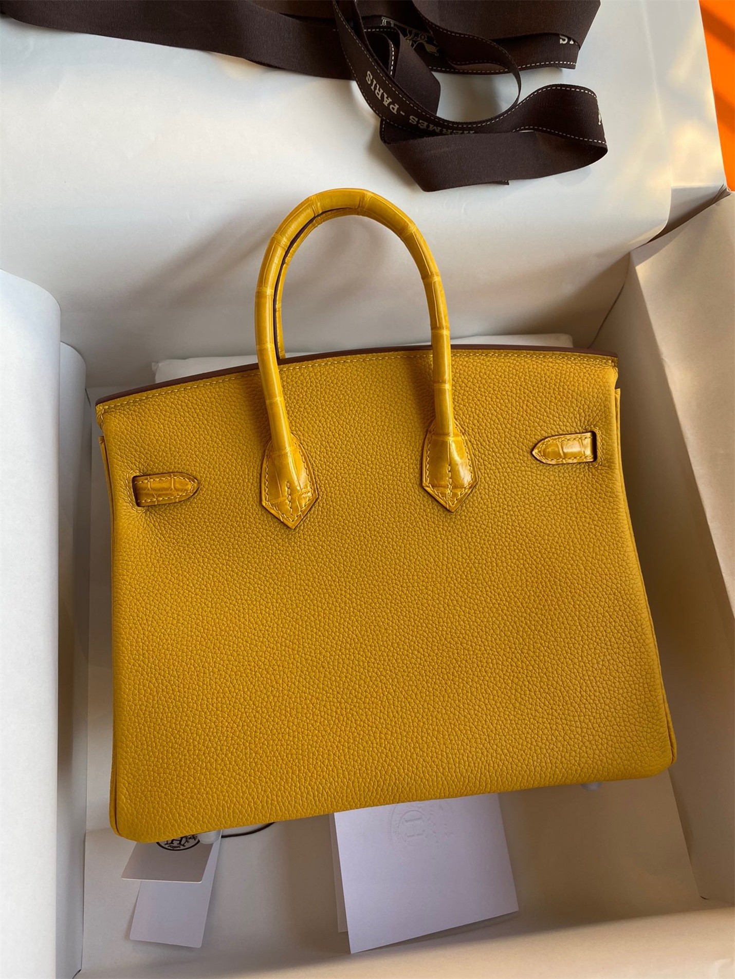 H**mes touch birkin 25 bag in yellow togo and matte alligator leather