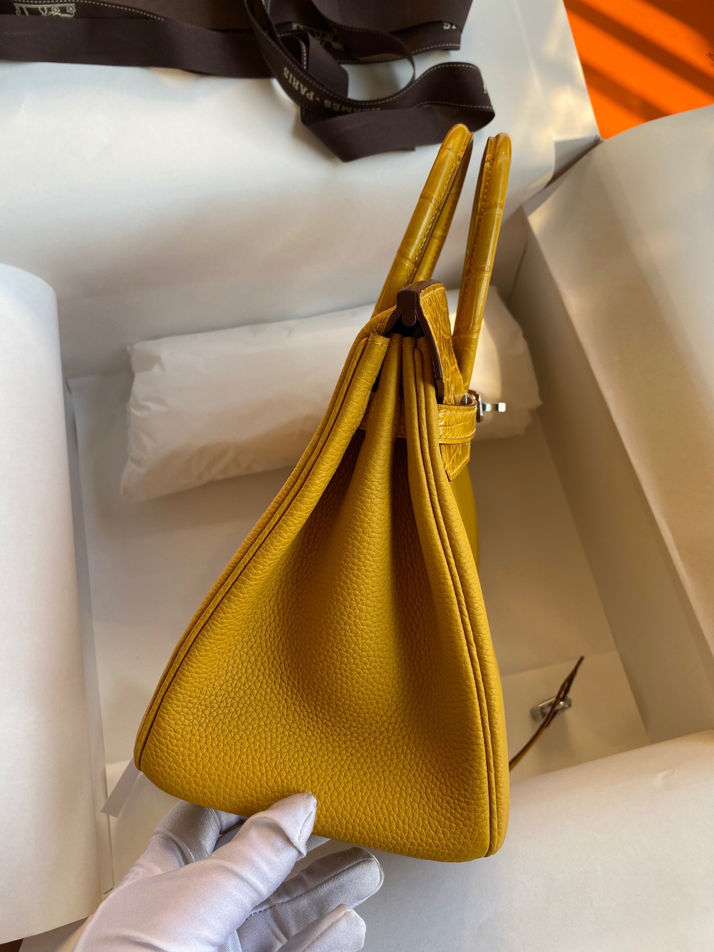 H**mes touch birkin 25 bag in yellow togo and matte alligator leather