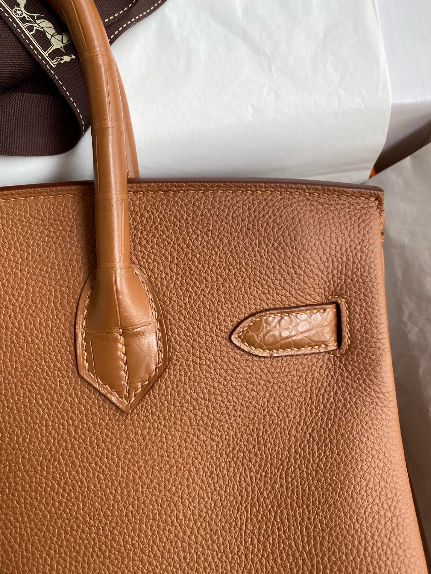 H**mes touch birkin 30 bag in gold clemence and matte alligator leather
