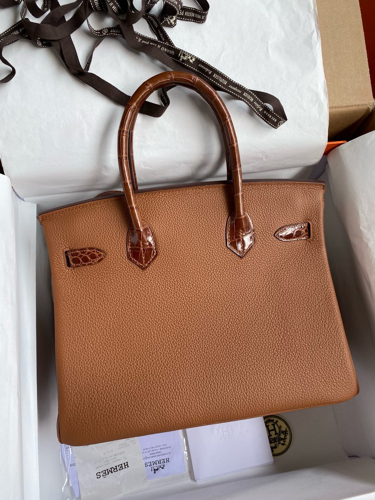 H**mes touch birkin 30 bag in gold clemence and shiny niloticus crocodile skin