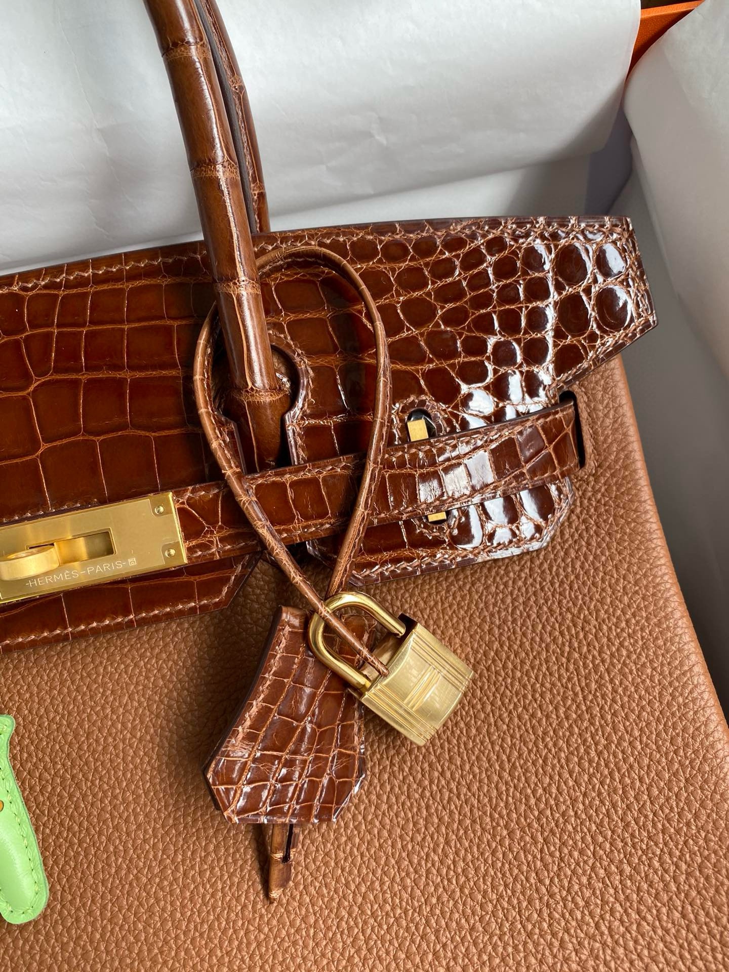 H**mes touch birkin 30 bag in gold clemence and shiny niloticus crocodile skin