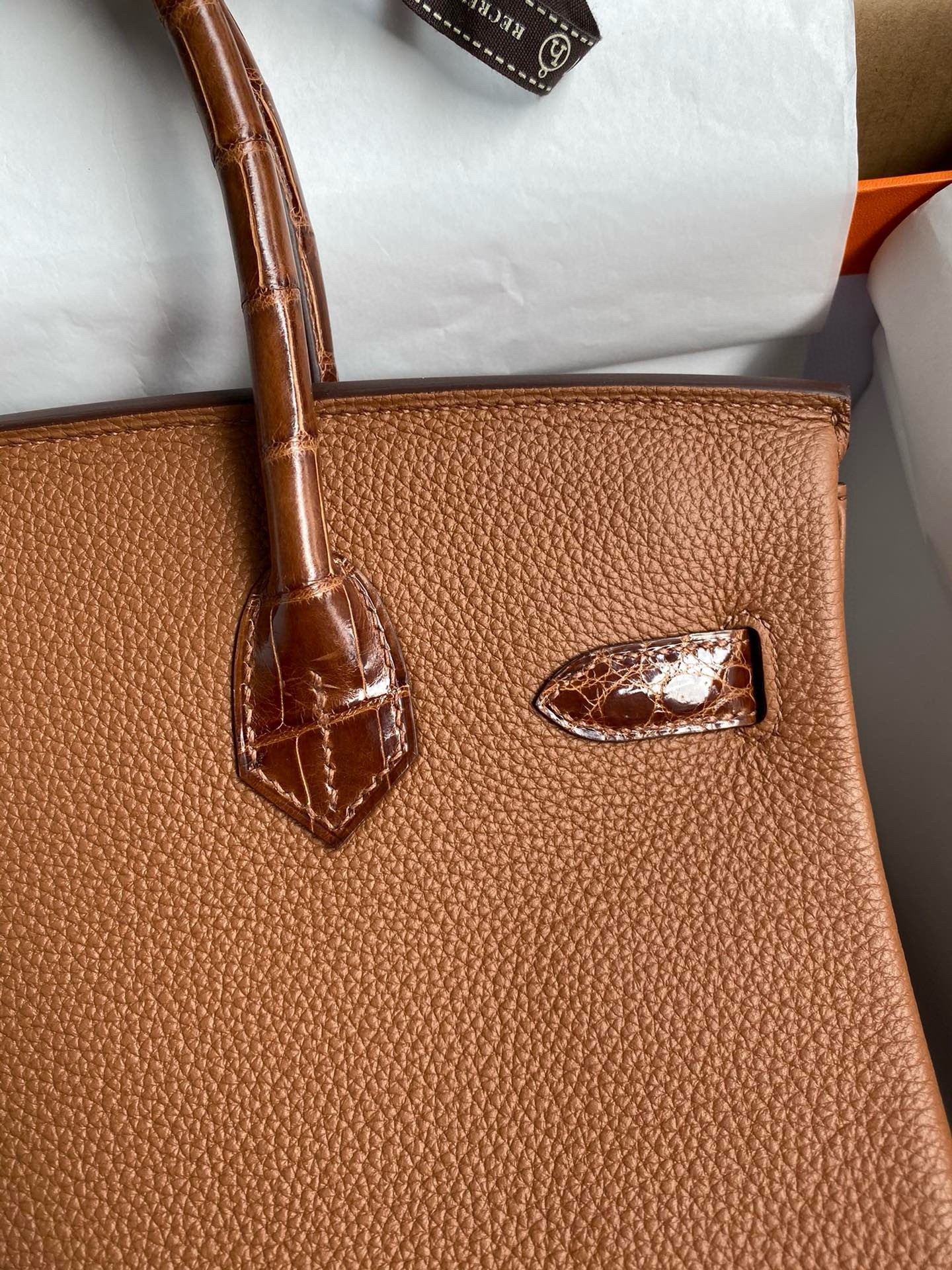 H**mes touch birkin 30 bag in gold clemence and shiny niloticus crocodile skin