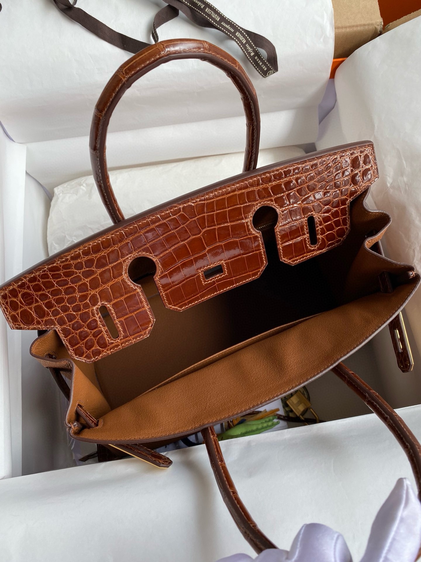 H**mes touch birkin 30 bag in gold clemence and shiny niloticus crocodile skin