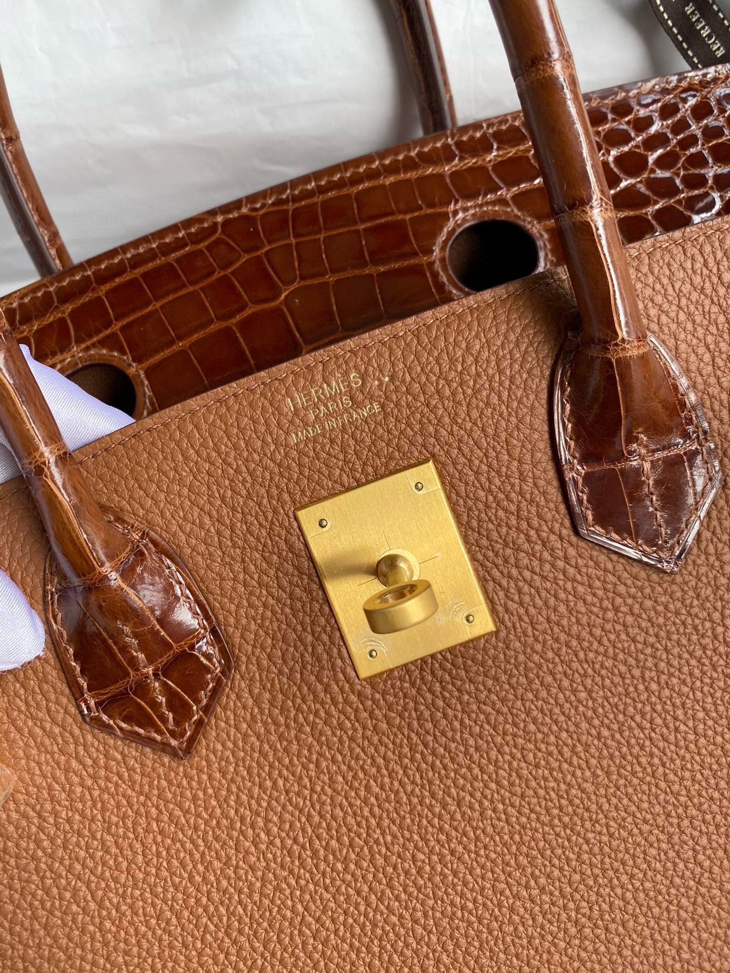 H**mes touch birkin 30 bag in gold clemence and shiny niloticus crocodile skin