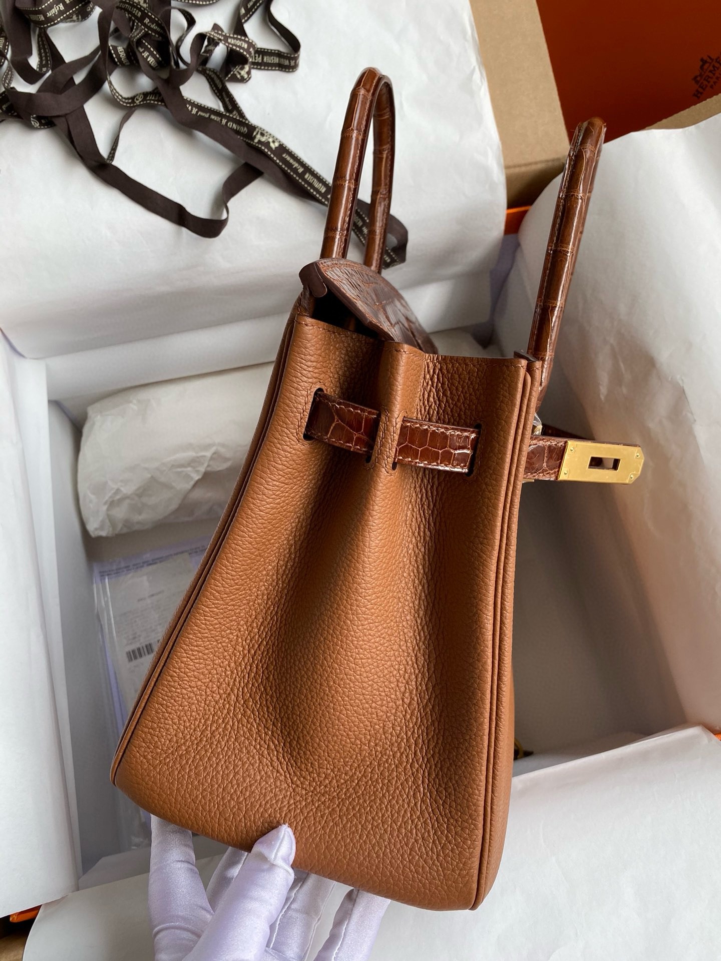 H**mes touch birkin 30 bag in gold clemence and shiny niloticus crocodile skin
