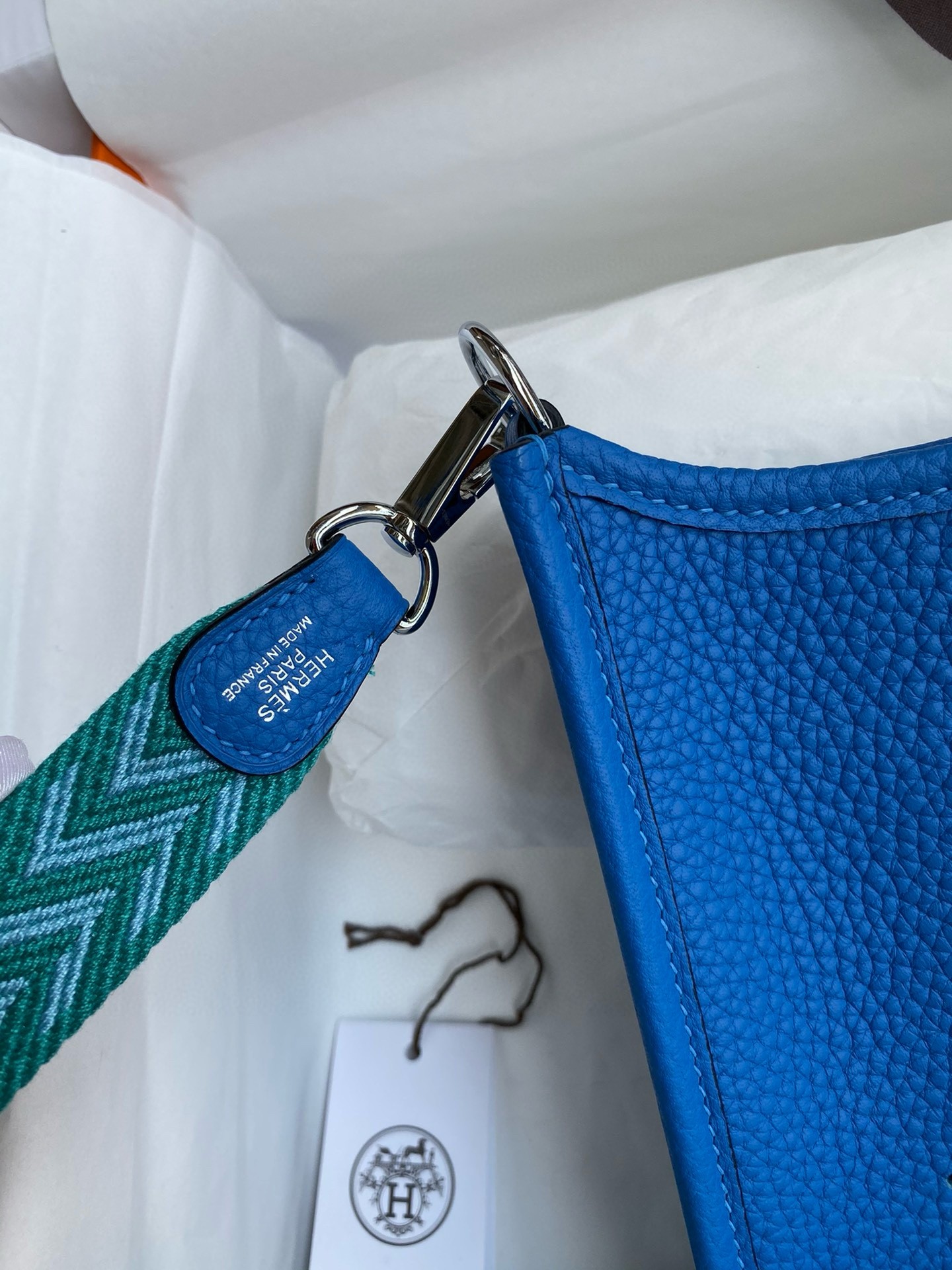 H**mes evelyne mini handmade bag in blue hydra clemence leather