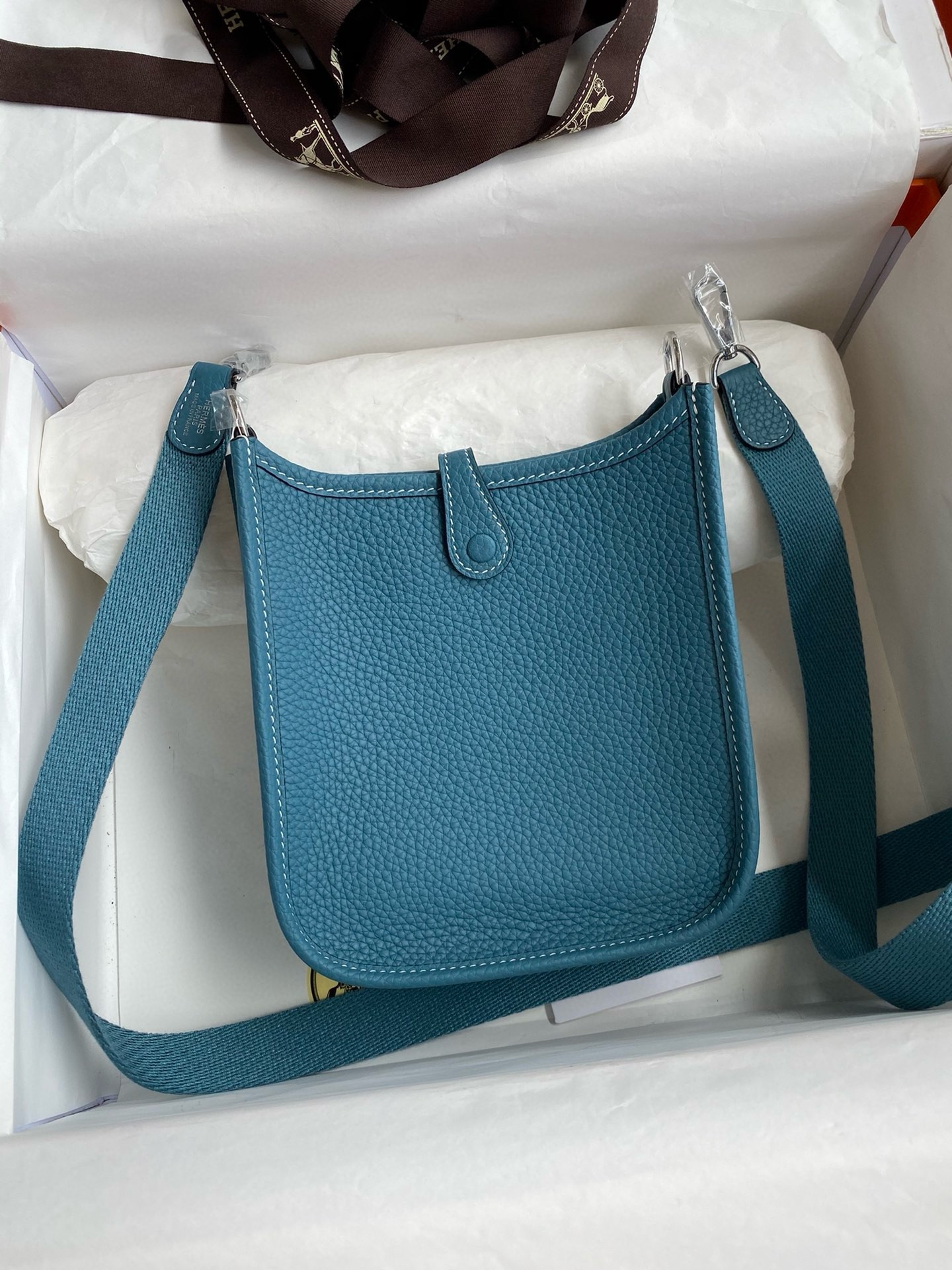 H**mes evelyne mini handmade bag in blue jean clemence leather