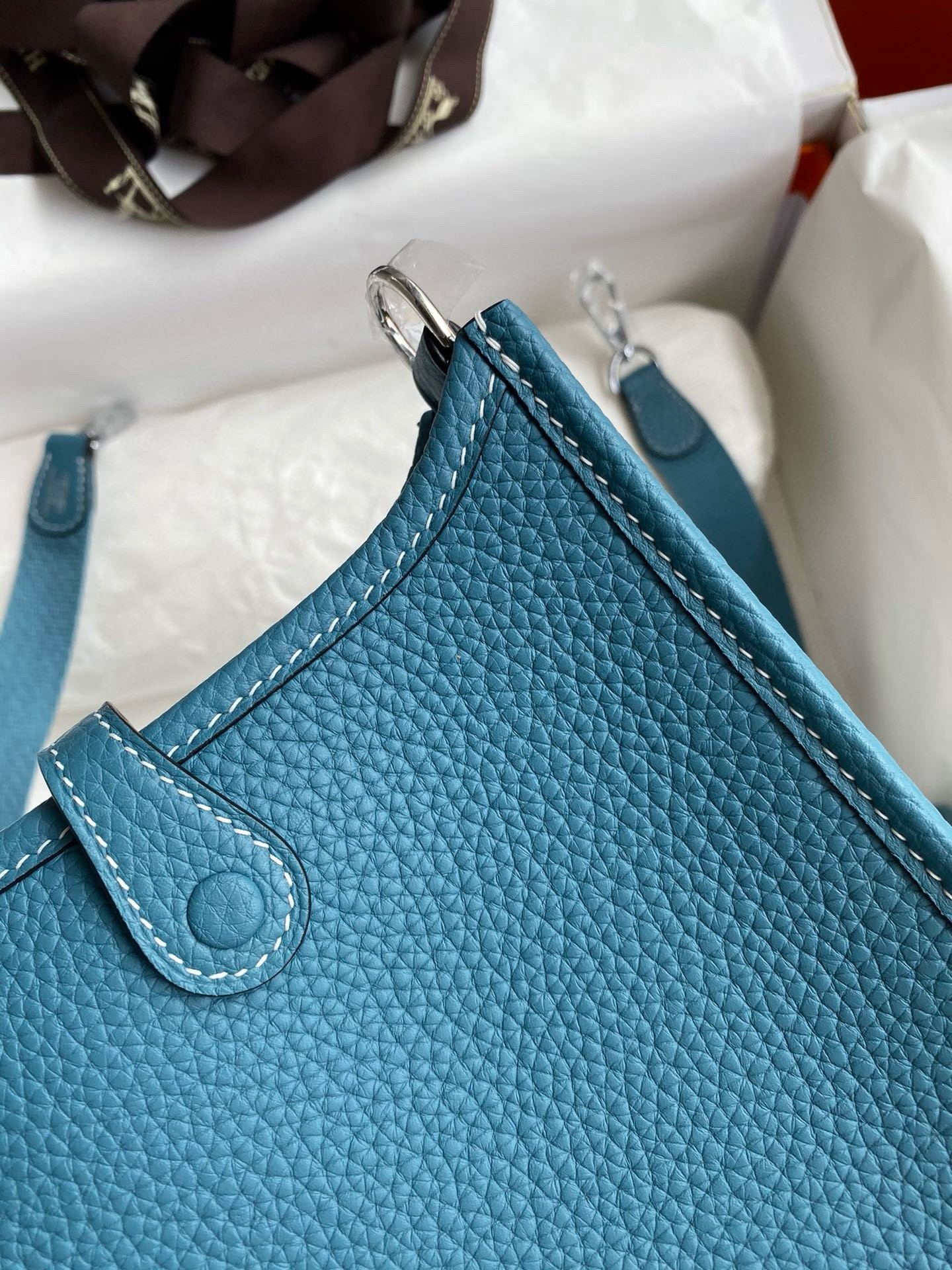 H**mes evelyne mini handmade bag in blue jean clemence leather