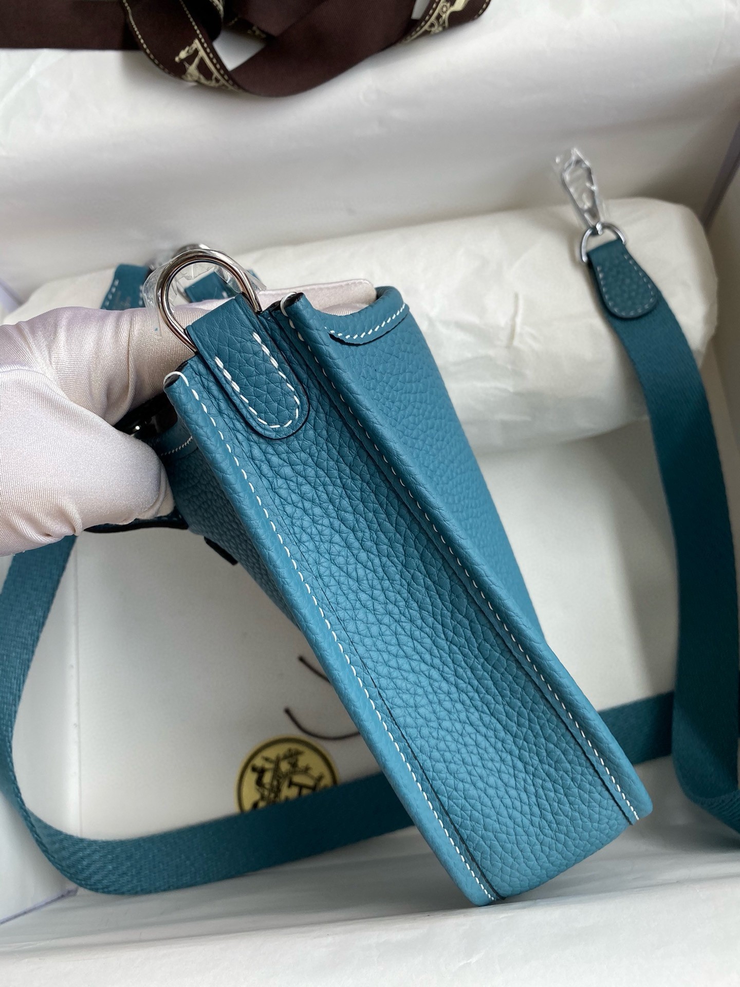 H**mes evelyne mini handmade bag in blue jean clemence leather