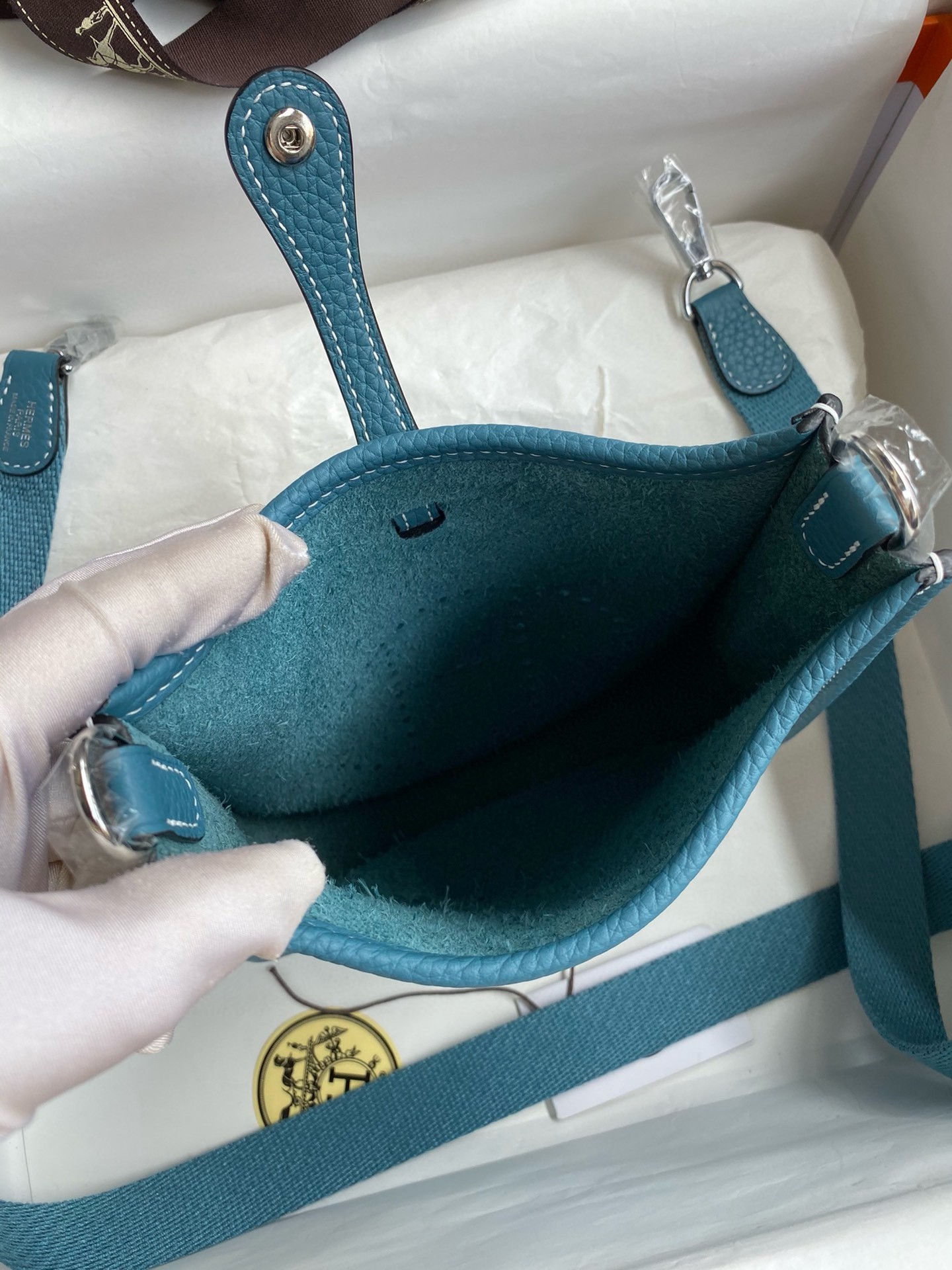 H**mes evelyne mini handmade bag in blue jean clemence leather