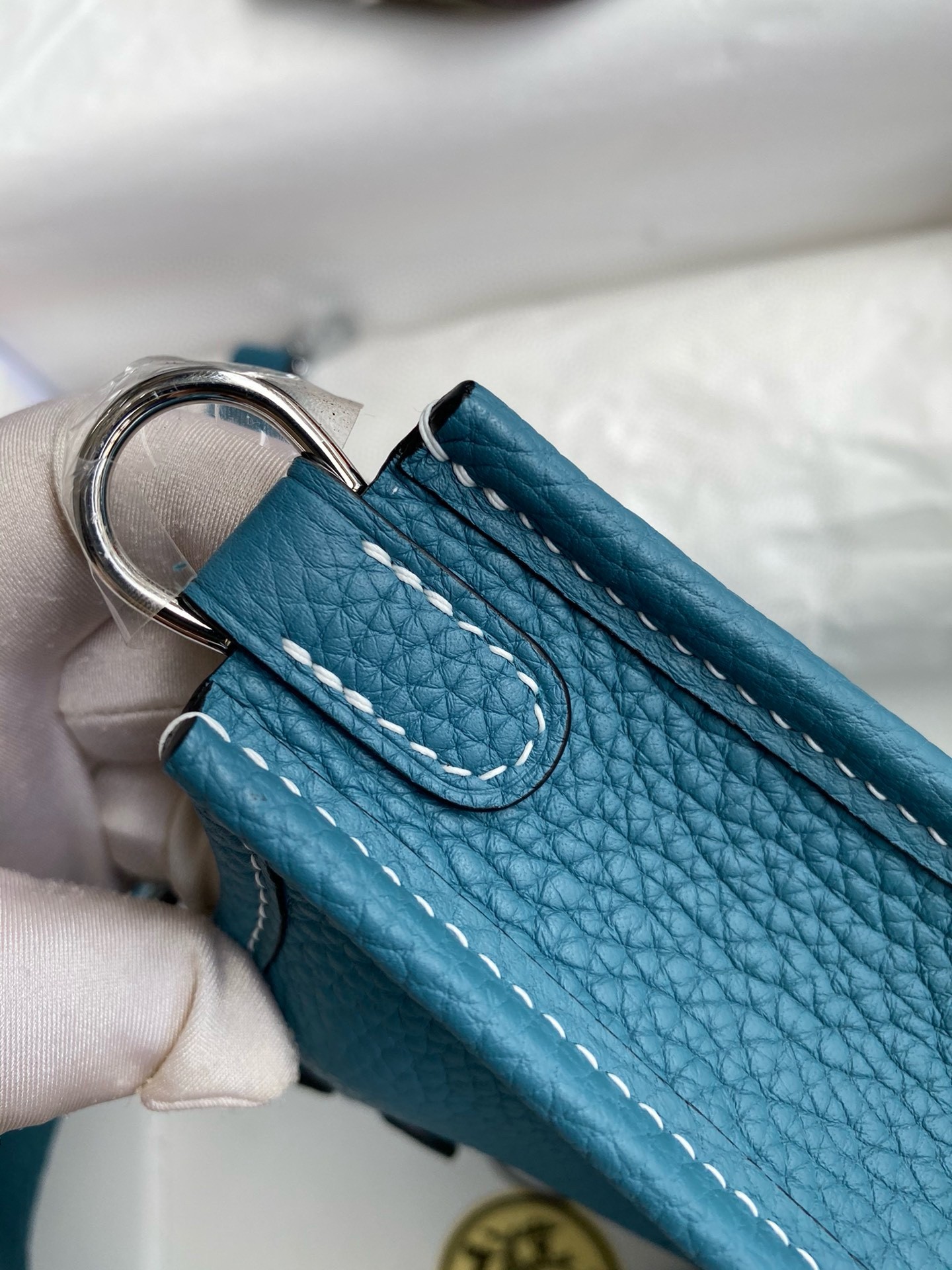 H**mes evelyne mini handmade bag in blue jean clemence leather