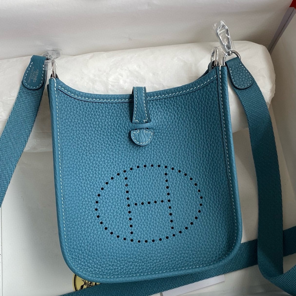 H**mes evelyne mini handmade bag in blue jean clemence leather