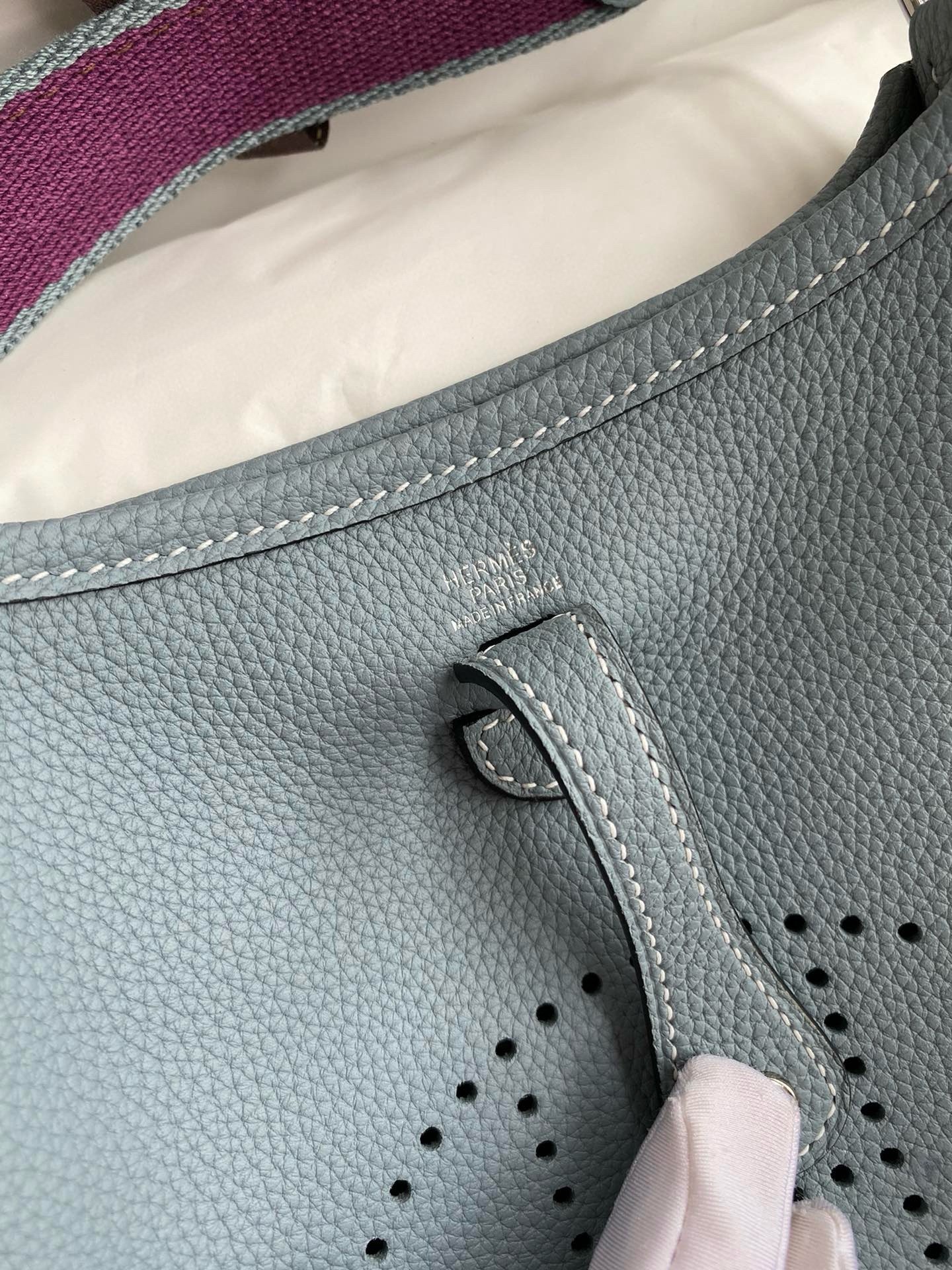 H**mes evelyne mini handmade bag in blue lin clemence leather