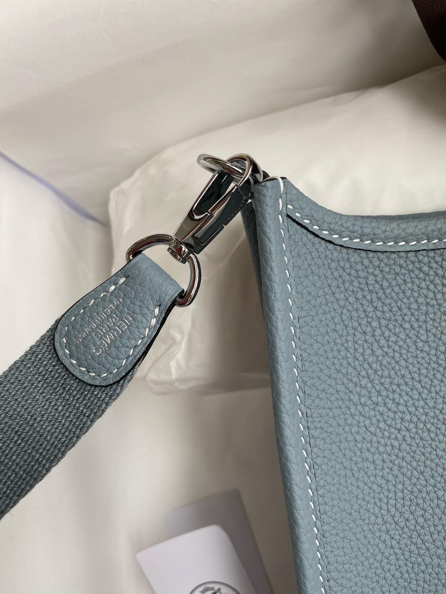 H**mes evelyne mini handmade bag in blue lin clemence leather