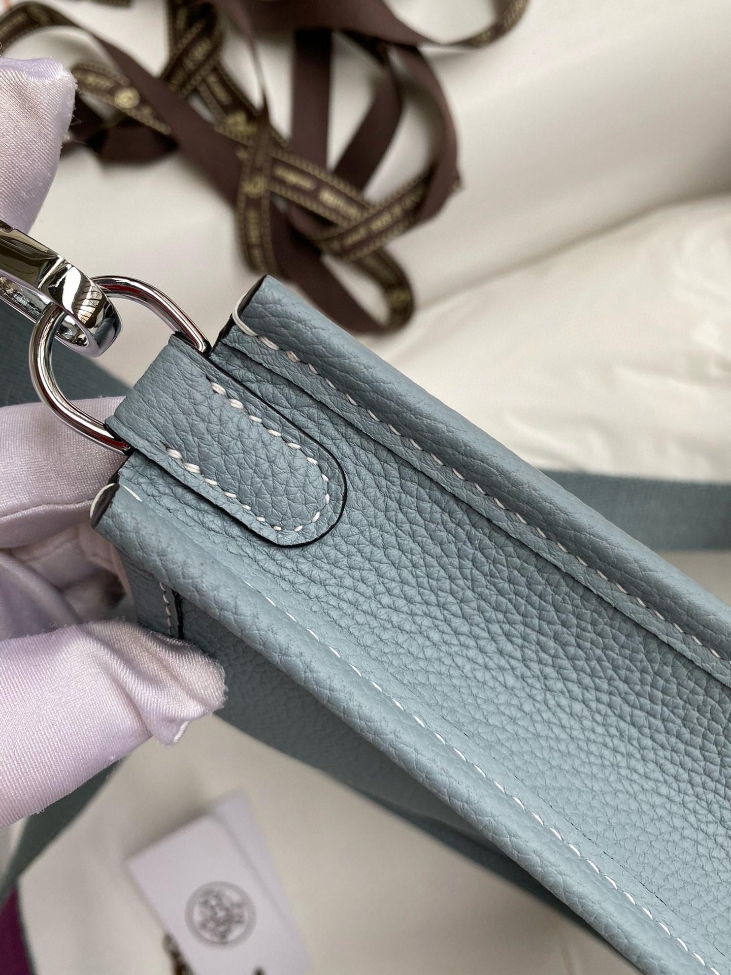 H**mes evelyne mini handmade bag in blue lin clemence leather