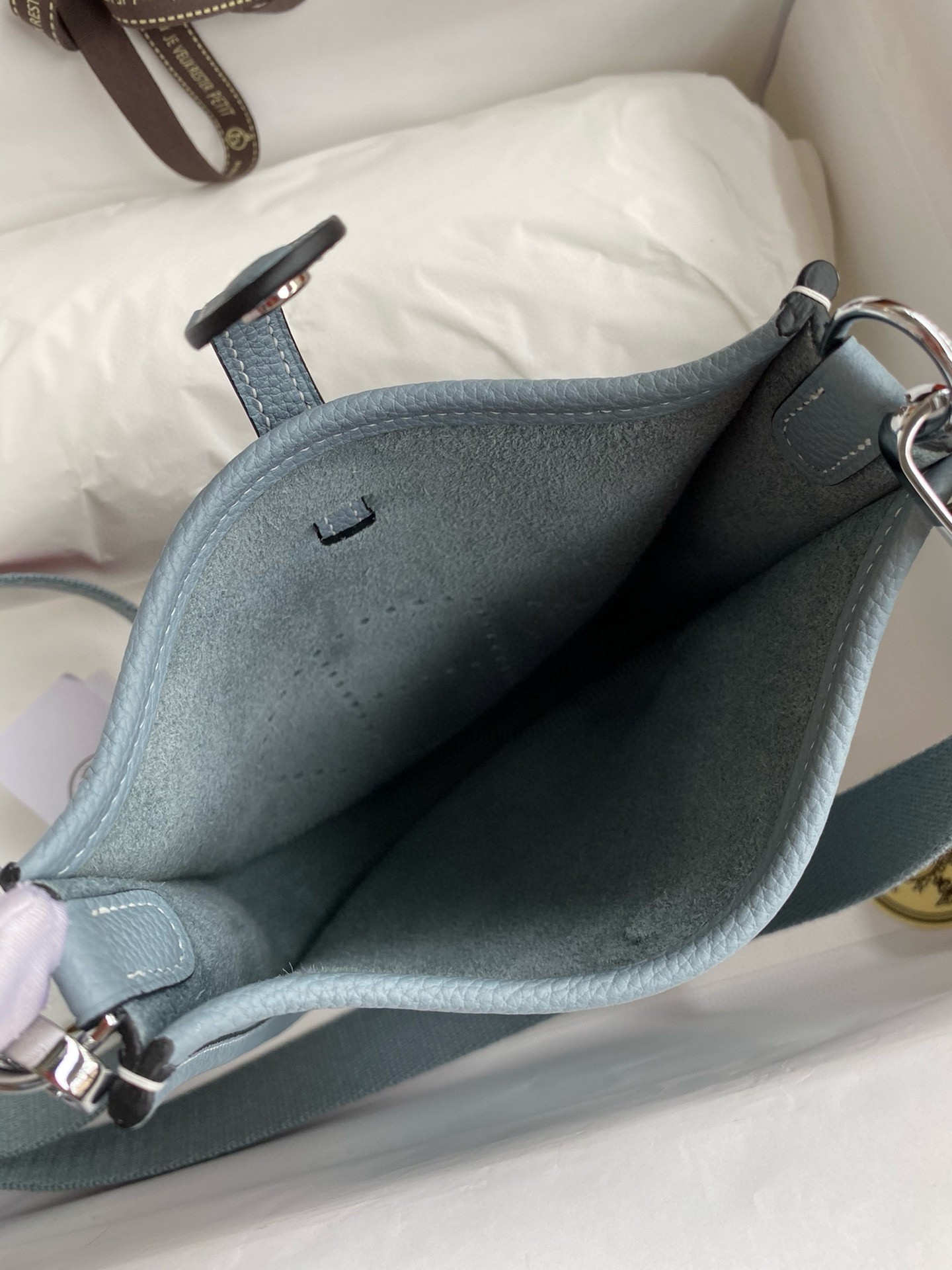 H**mes evelyne mini handmade bag in blue lin clemence leather