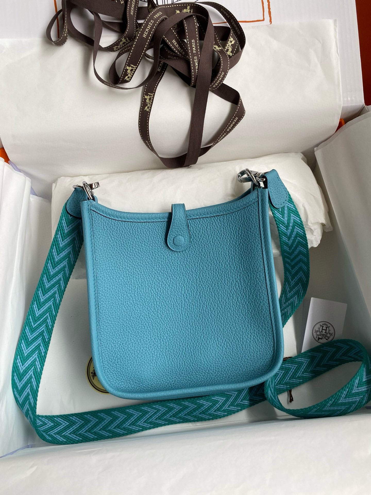 H**mes evelyne mini handmade bag in blue du nord clemence leather