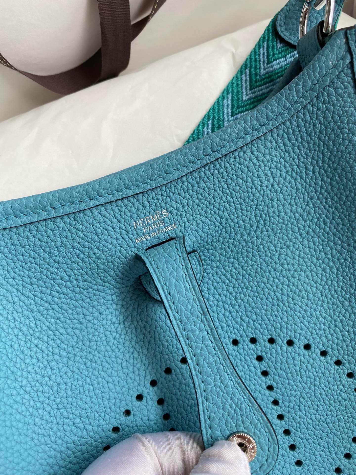 H**mes evelyne mini handmade bag in blue du nord clemence leather
