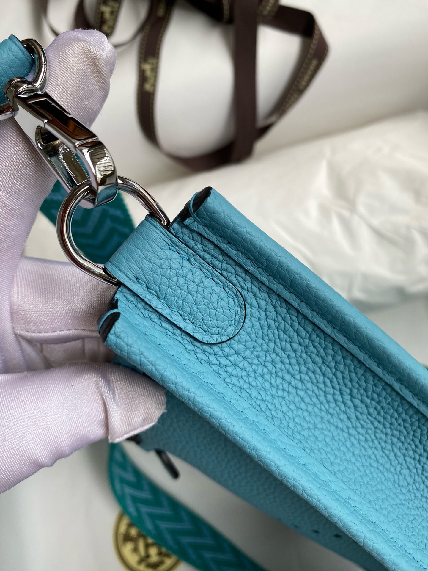 H**mes evelyne mini handmade bag in blue du nord clemence leather