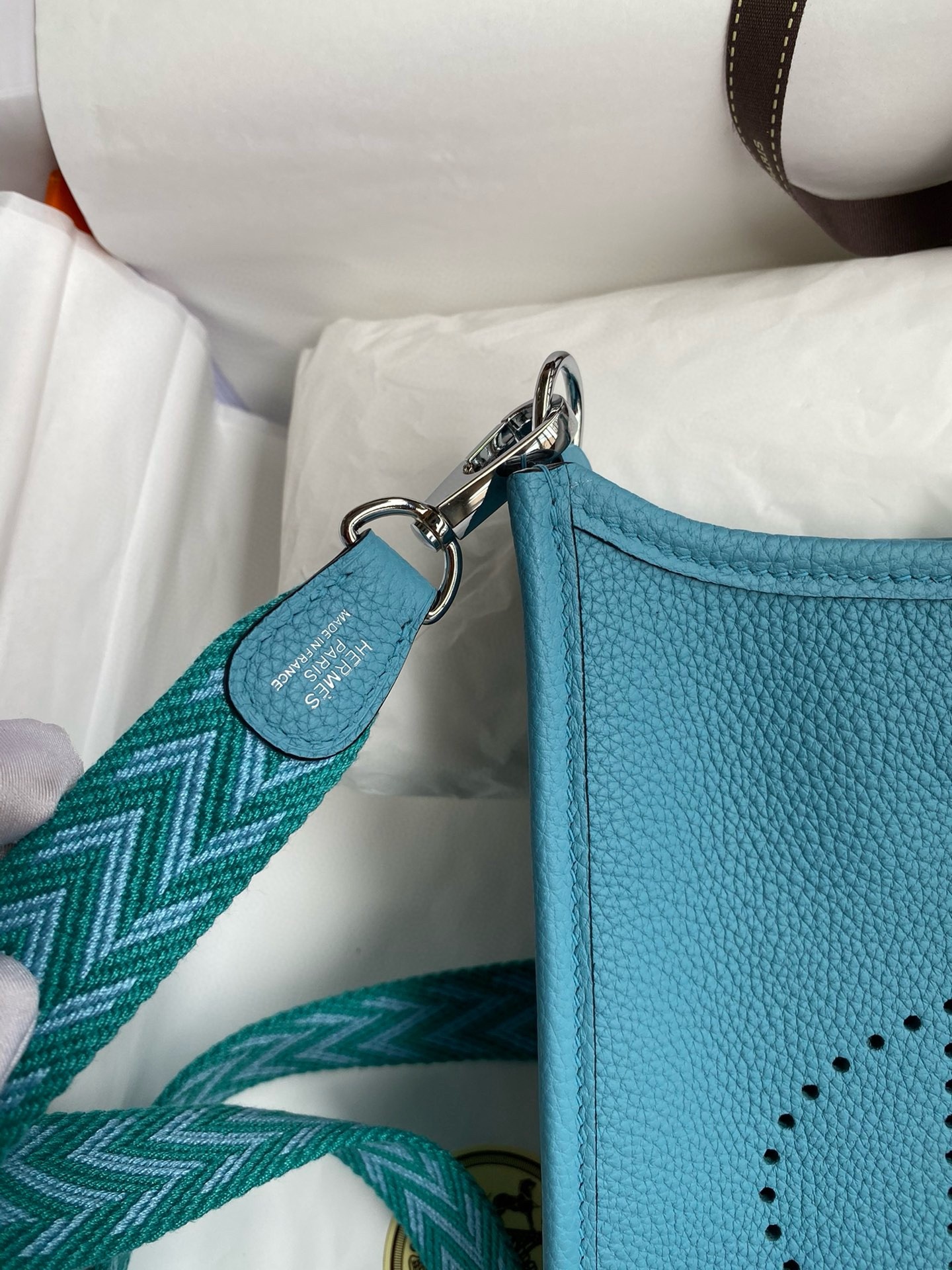 H**mes evelyne mini handmade bag in blue du nord clemence leather