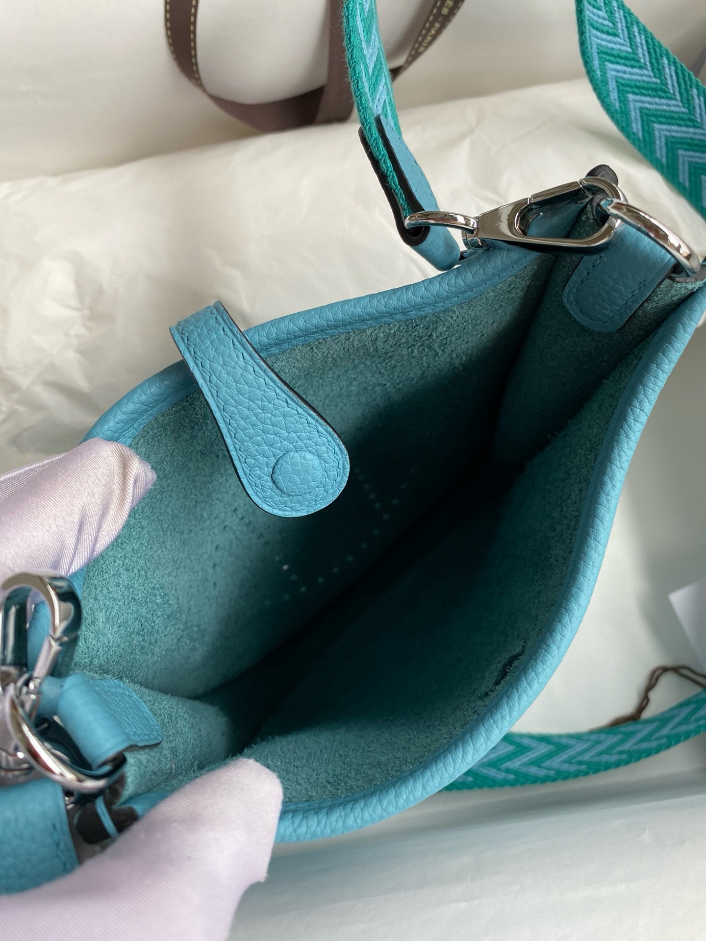 H**mes evelyne mini handmade bag in blue du nord clemence leather