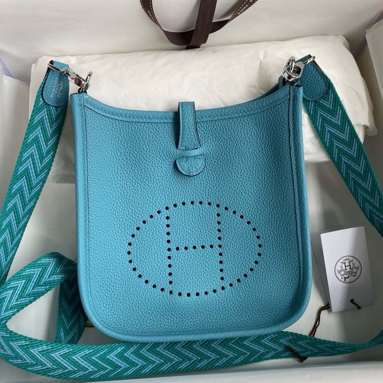H**mes evelyne mini handmade bag in blue du nord clemence leather