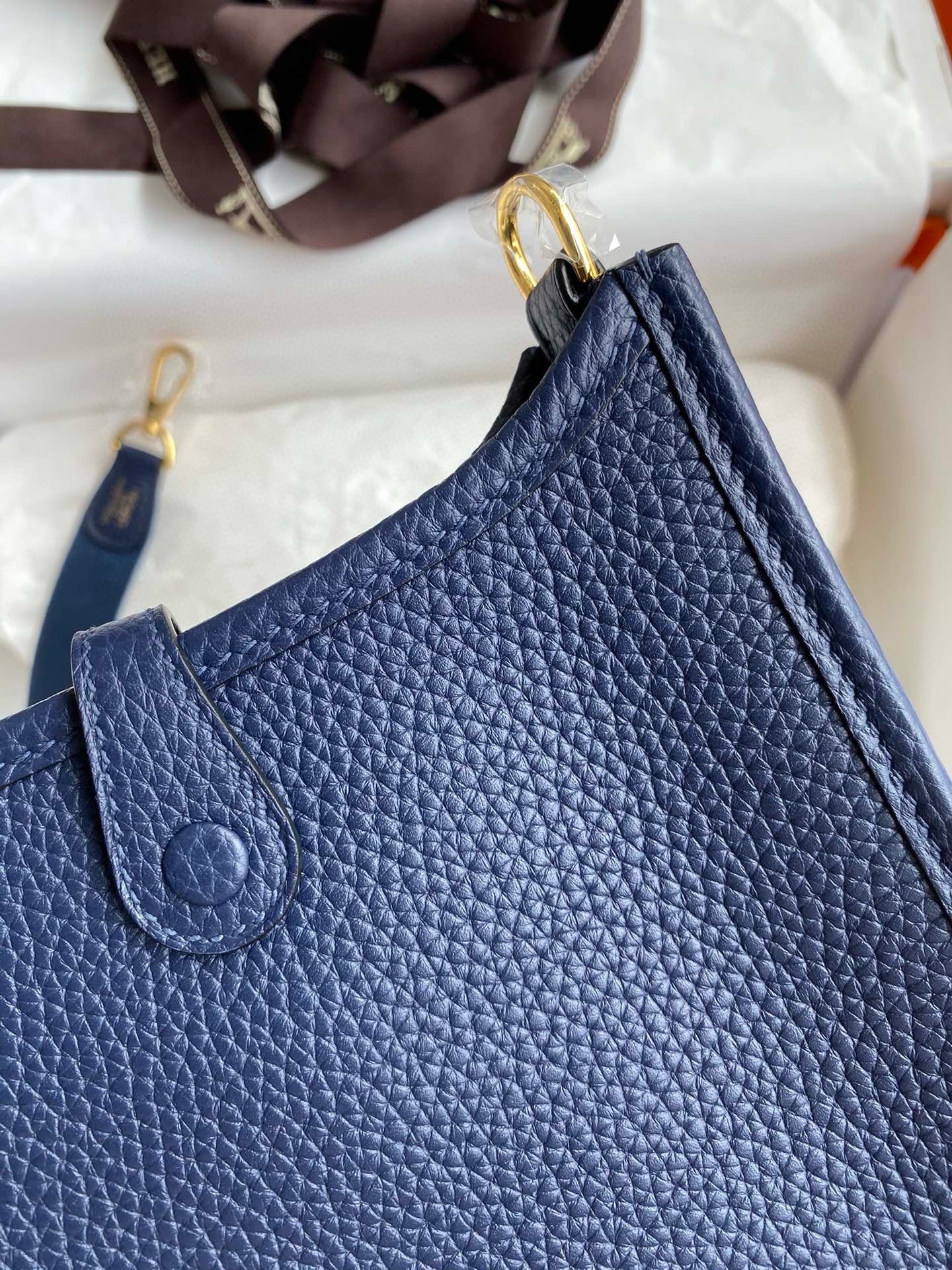 H**mes evelyne mini handmade bag in blue saphir clemence leather