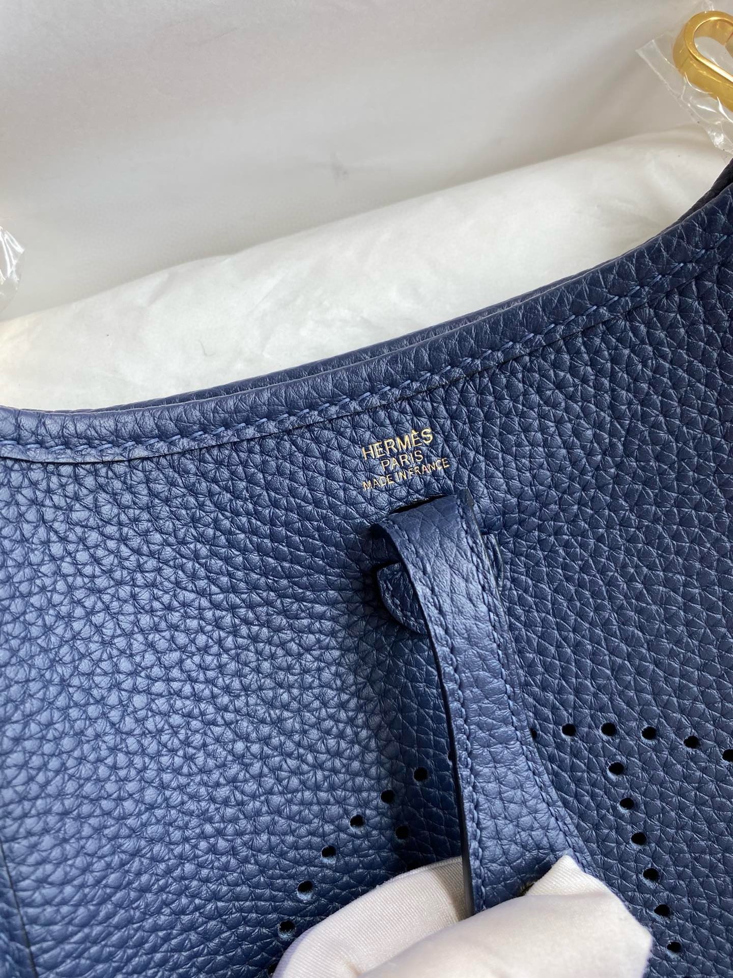H**mes evelyne mini handmade bag in blue saphir clemence leather