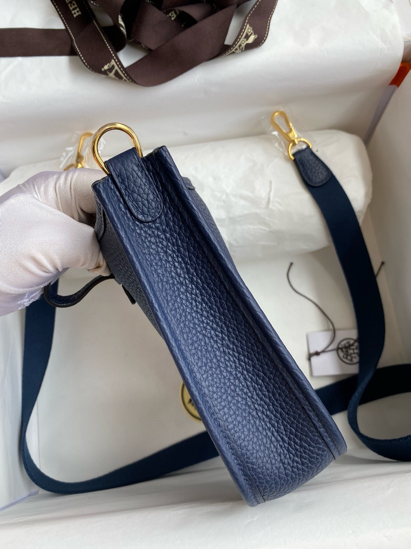 H**mes evelyne mini handmade bag in blue saphir clemence leather
