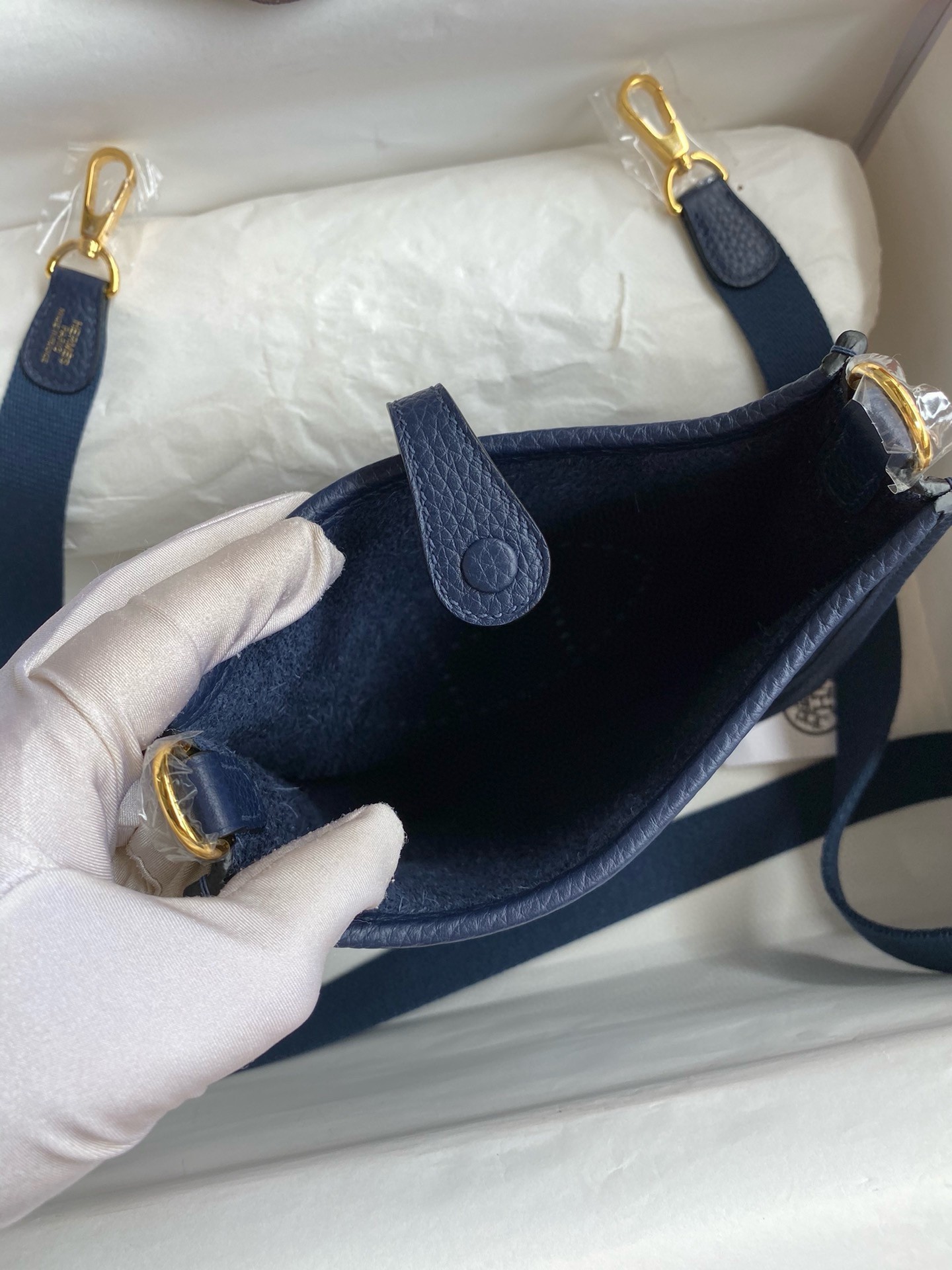 H**mes evelyne mini handmade bag in blue saphir clemence leather