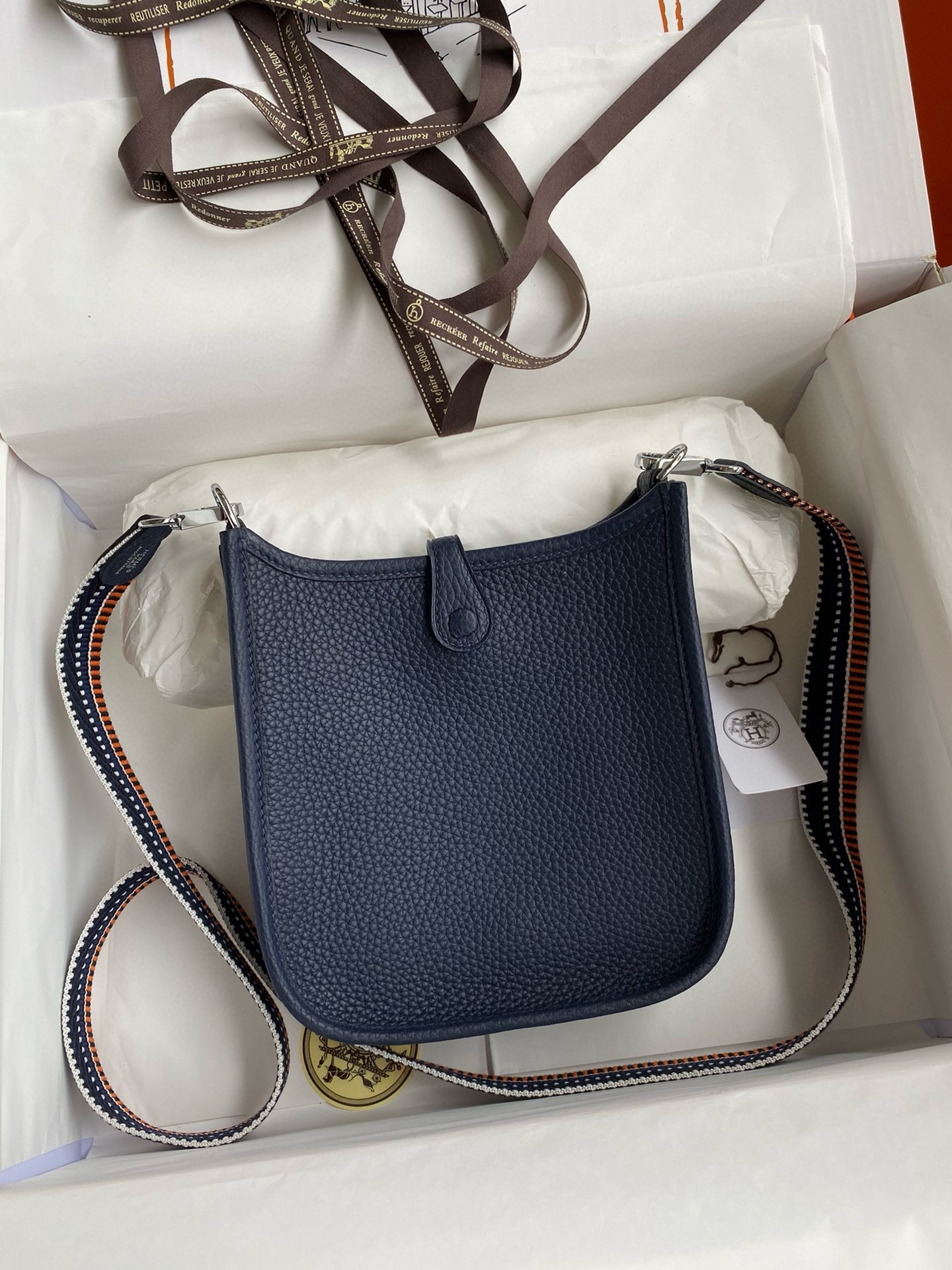 H**mes evelyne mini handmade bag in navy blue clemence leather