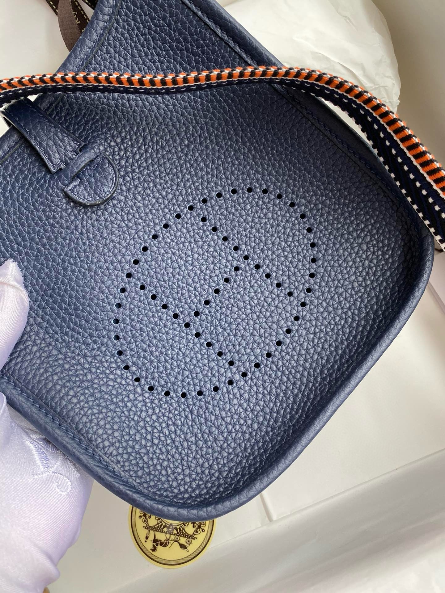 H**mes evelyne mini handmade bag in navy blue clemence leather