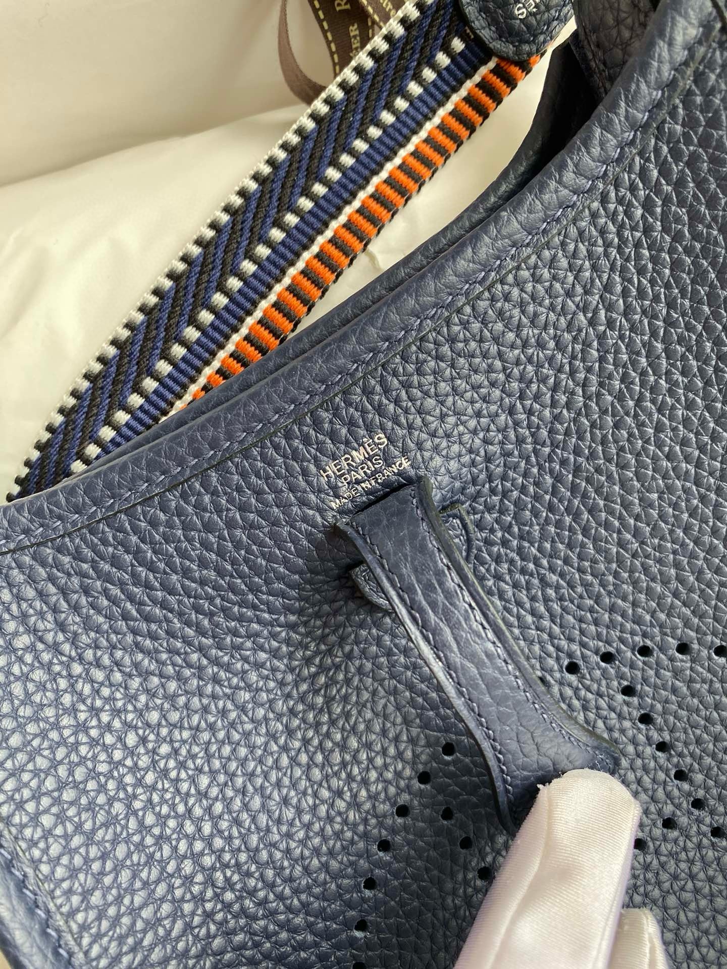 H**mes evelyne mini handmade bag in navy blue clemence leather