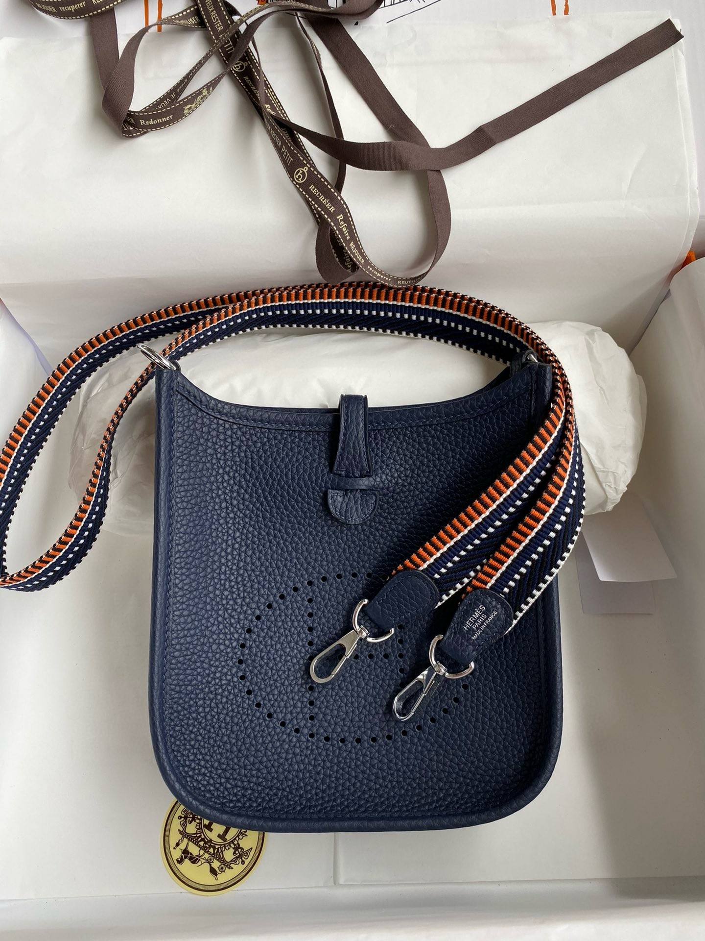H**mes evelyne mini handmade bag in navy blue clemence leather
