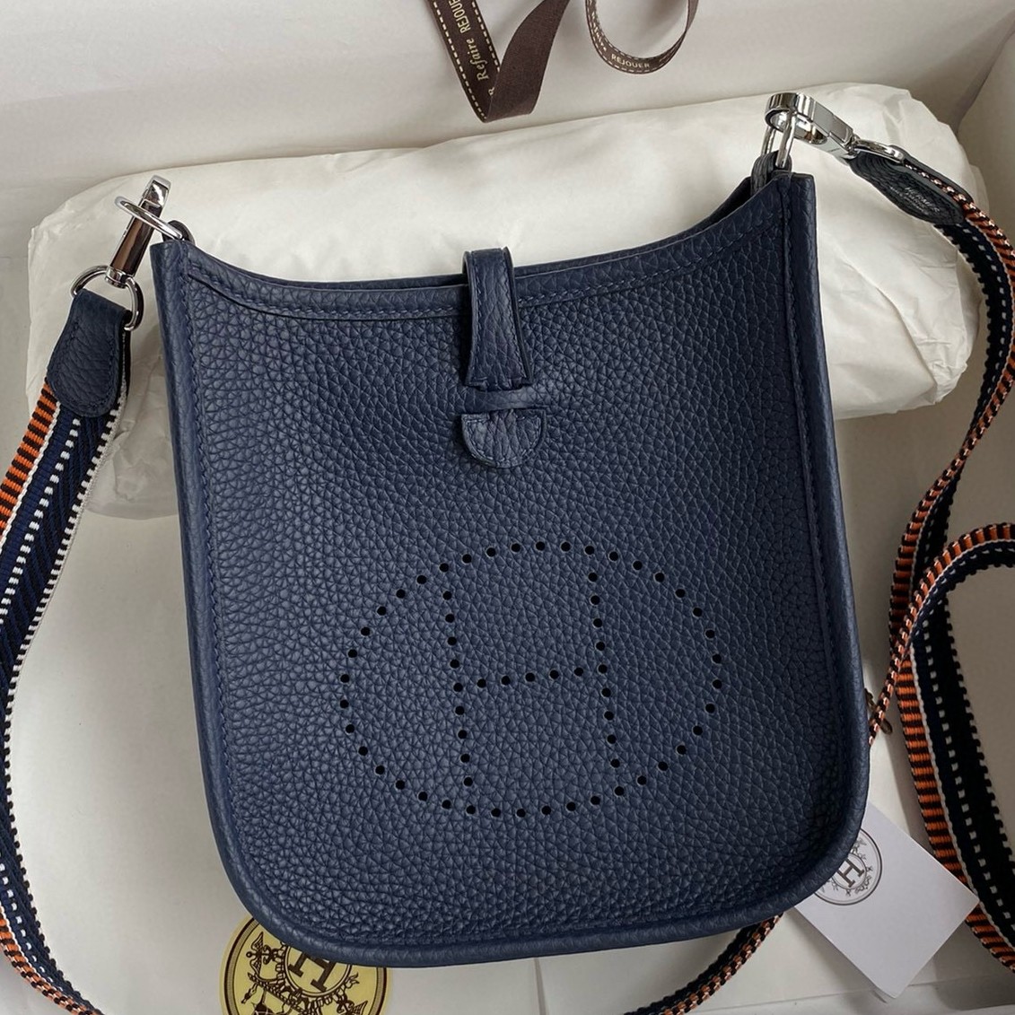 H**mes evelyne mini handmade bag in navy blue clemence leather