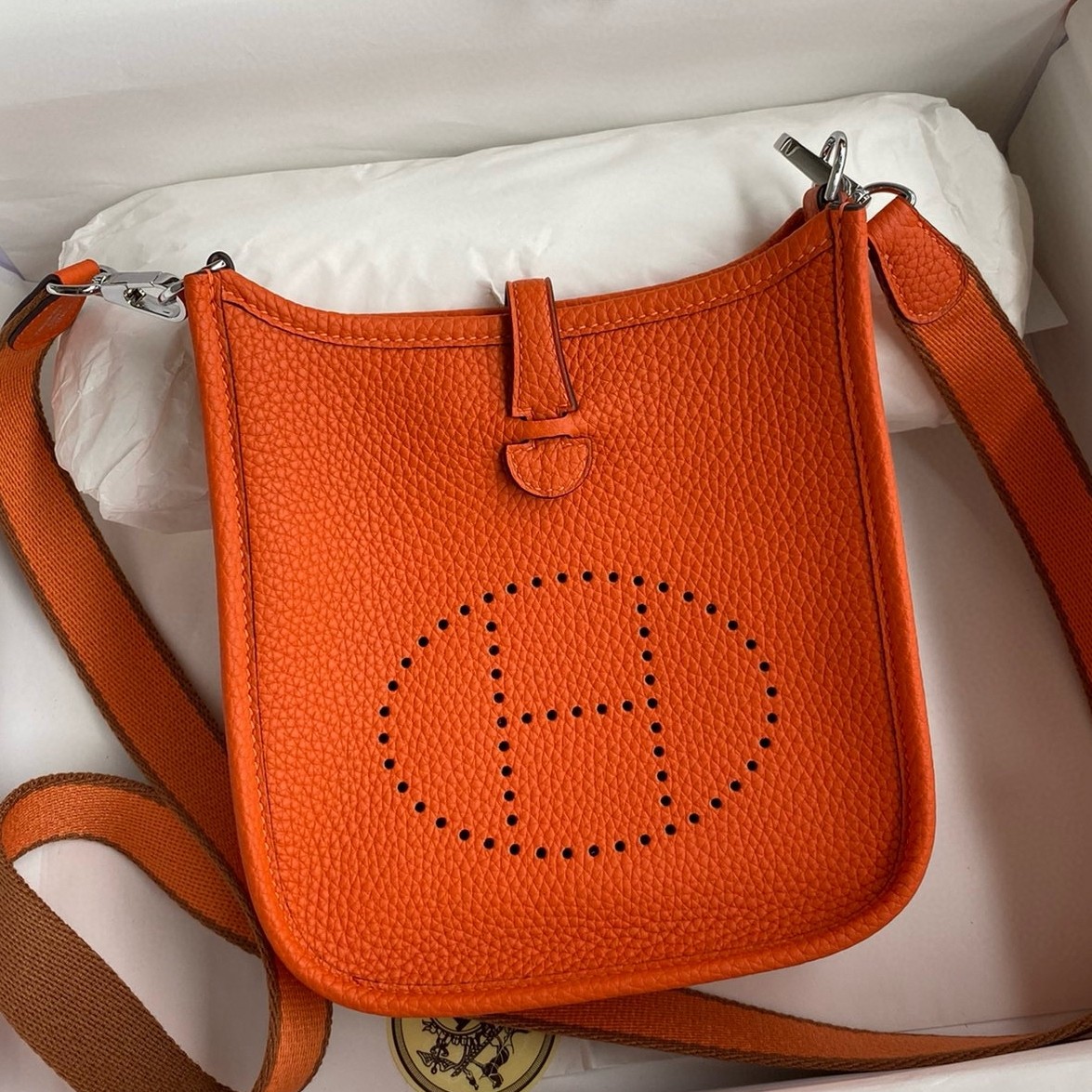 H**mes evelyne mini handmade bag in orange clemence leather