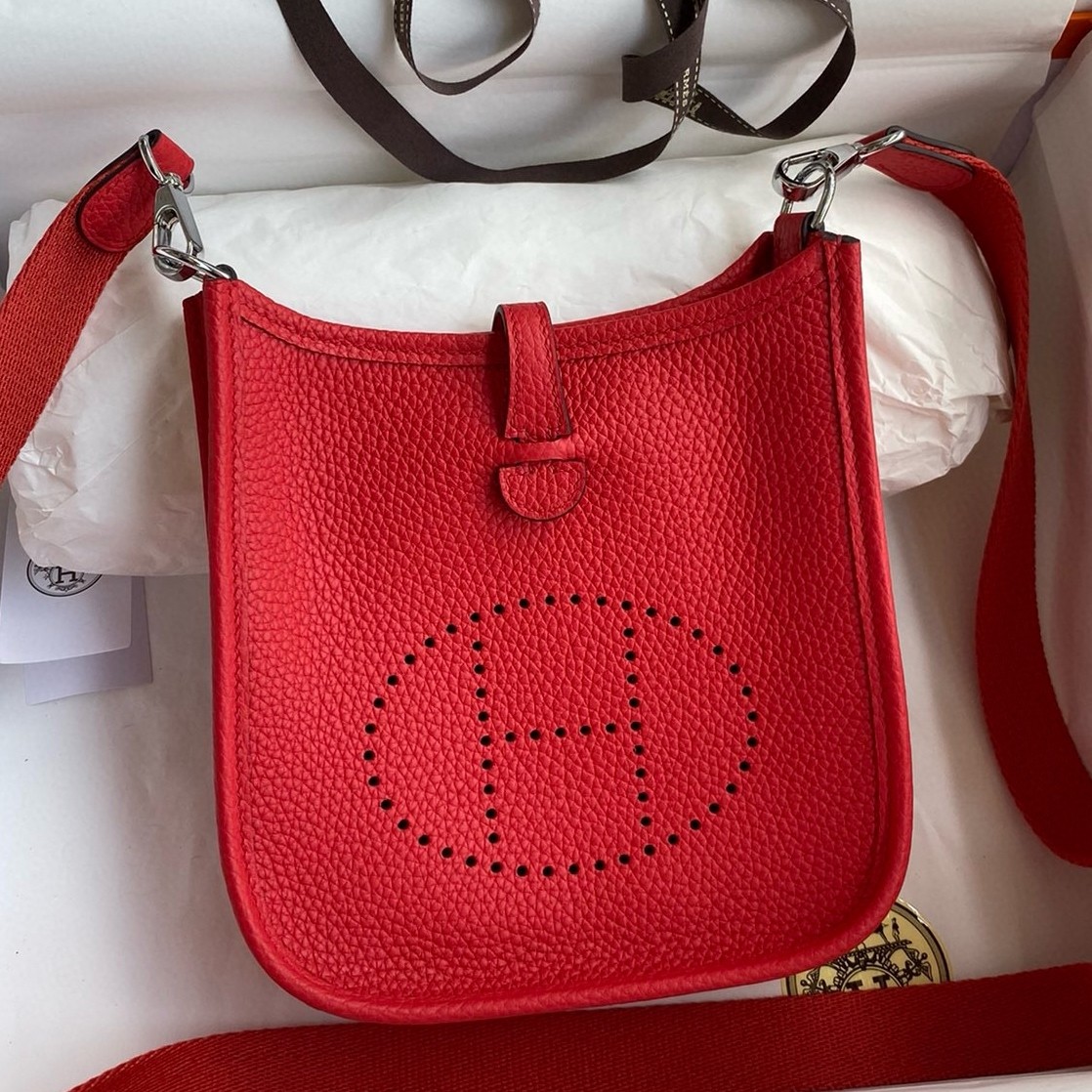 H**mes evelyne mini handmade bag in red clemence leather