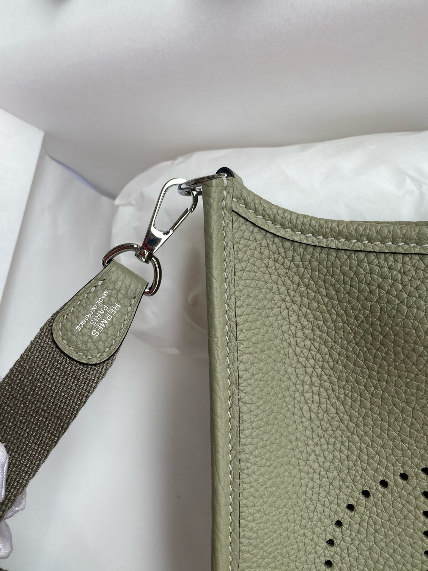 H**mes evelyne mini handmade bag in sauge clemence leather
