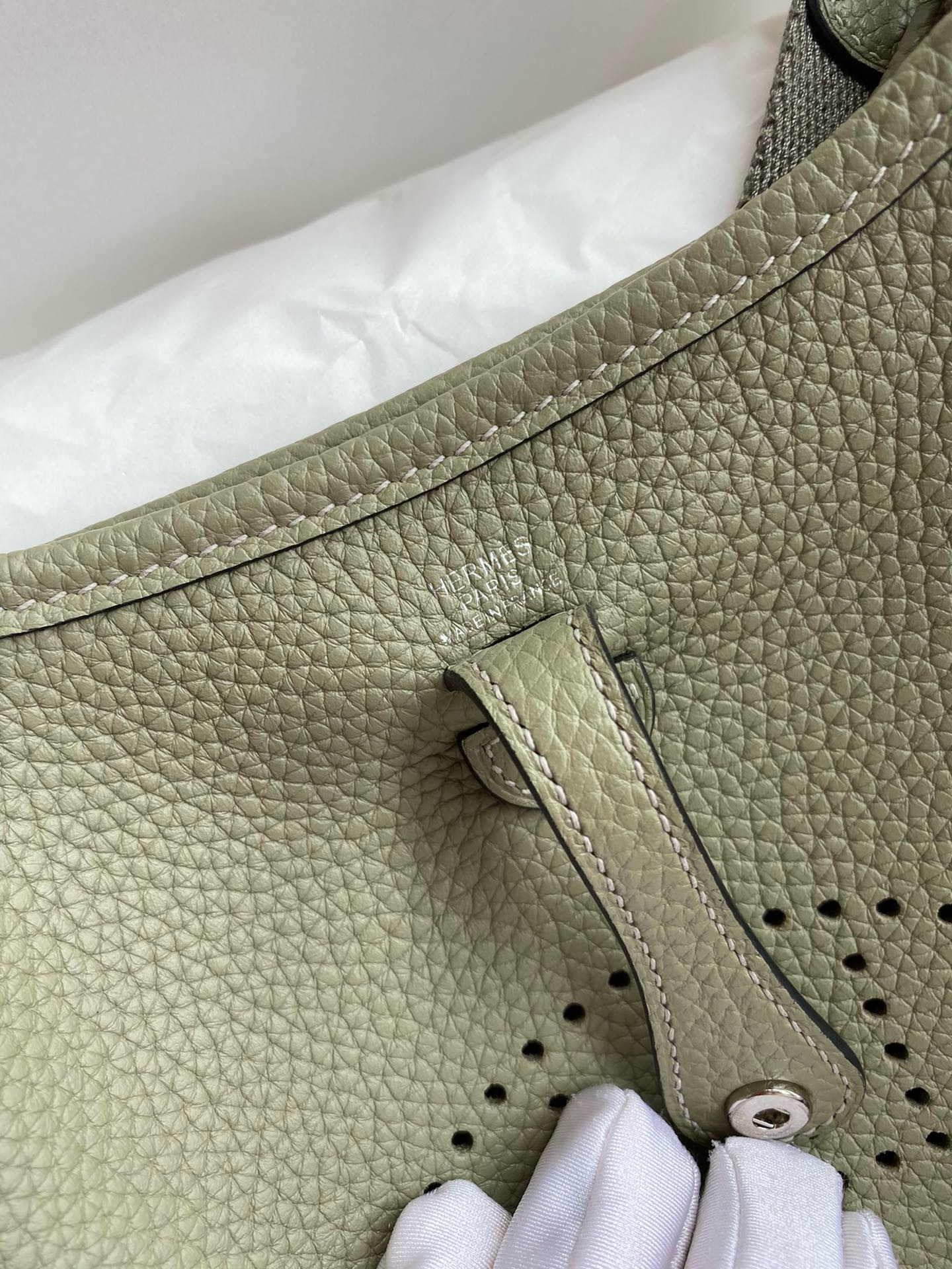 H**mes evelyne mini handmade bag in sauge clemence leather