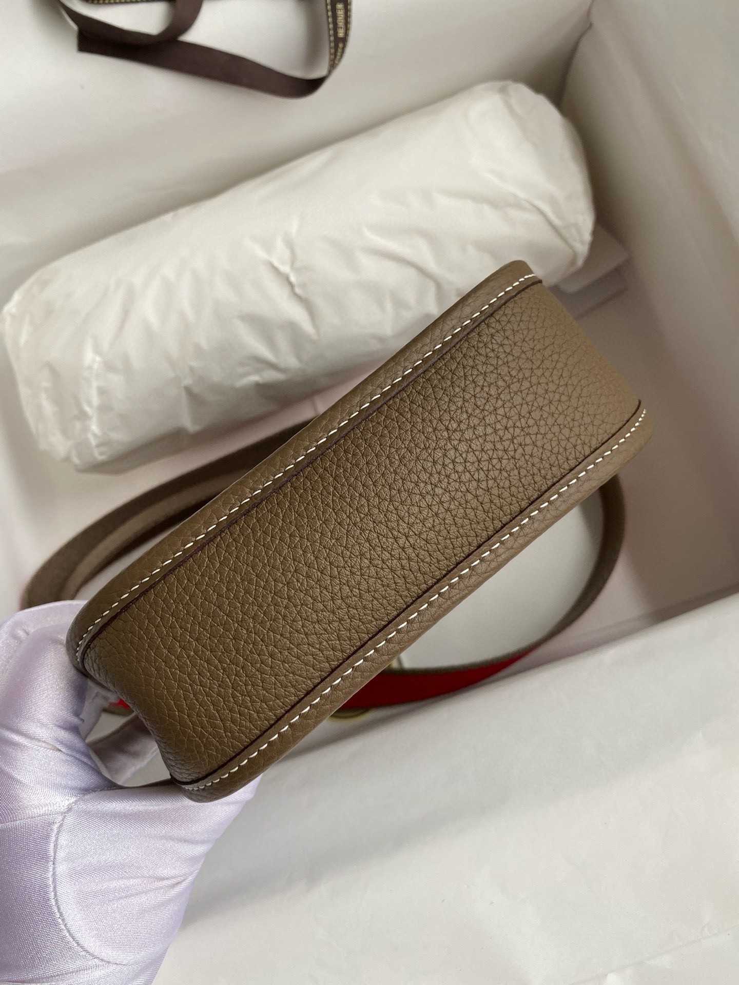 H**mes evelyne mini handmade bag in taupe clemence leather