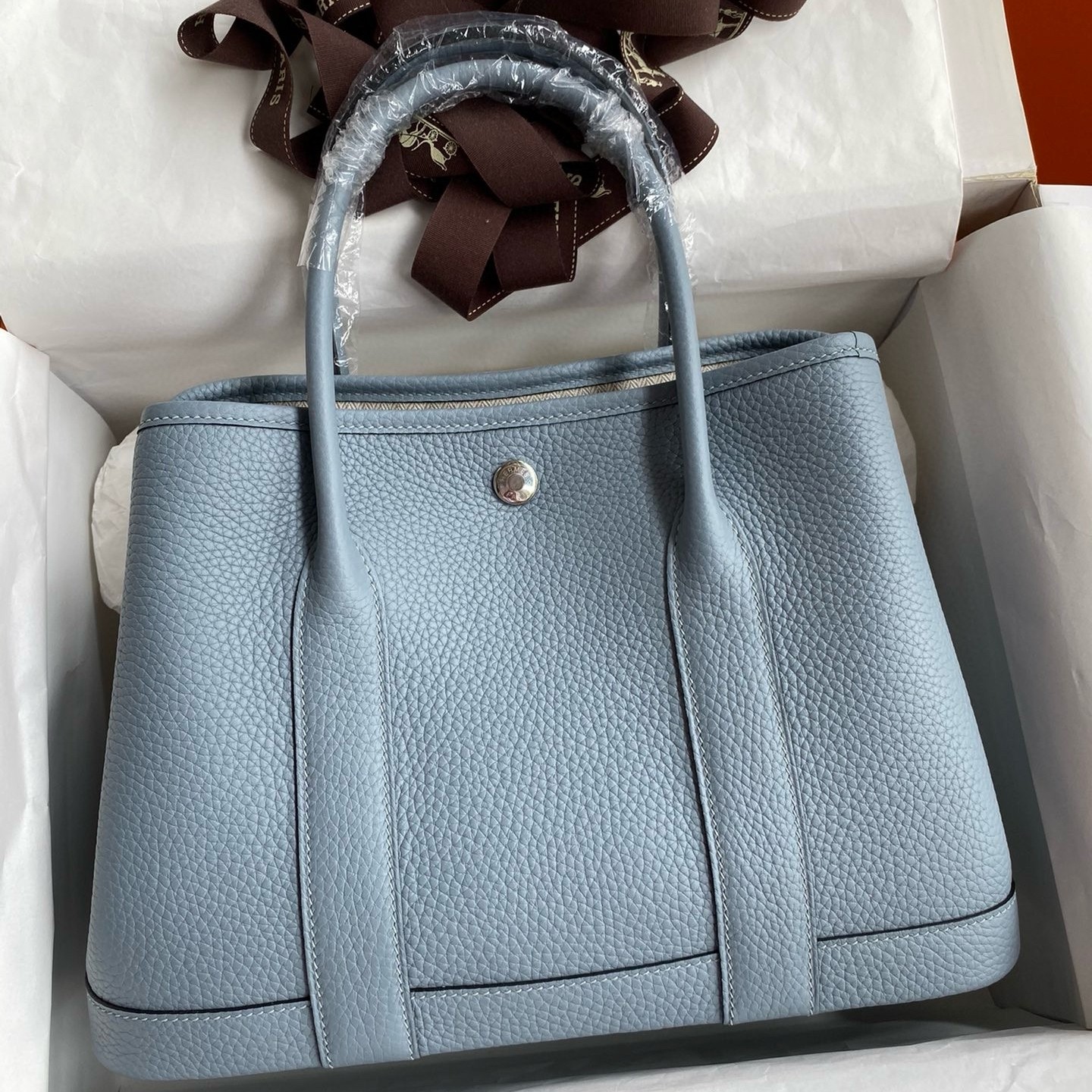 H**mes garden party 30 handmade bag in blue lin clemence leather