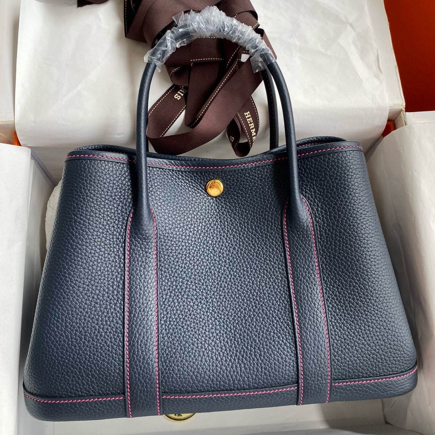 H**mes garden party 30 handmade bag in blue nuit clemence leather