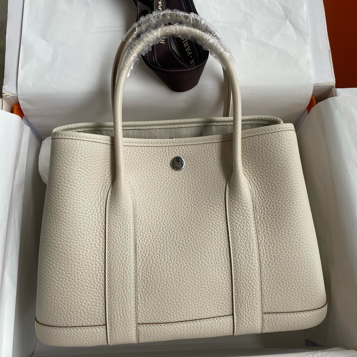 H**mes garden party 30 handmade bag in craie clemence leather