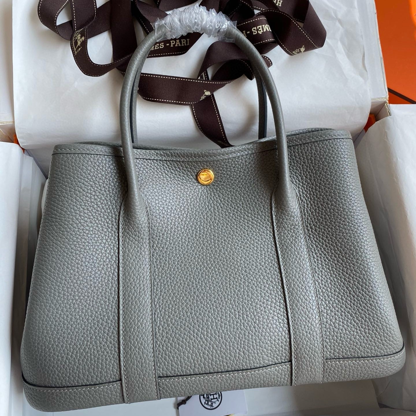 H**mes garden party 30 handmade bag in gris meyer clemence leather