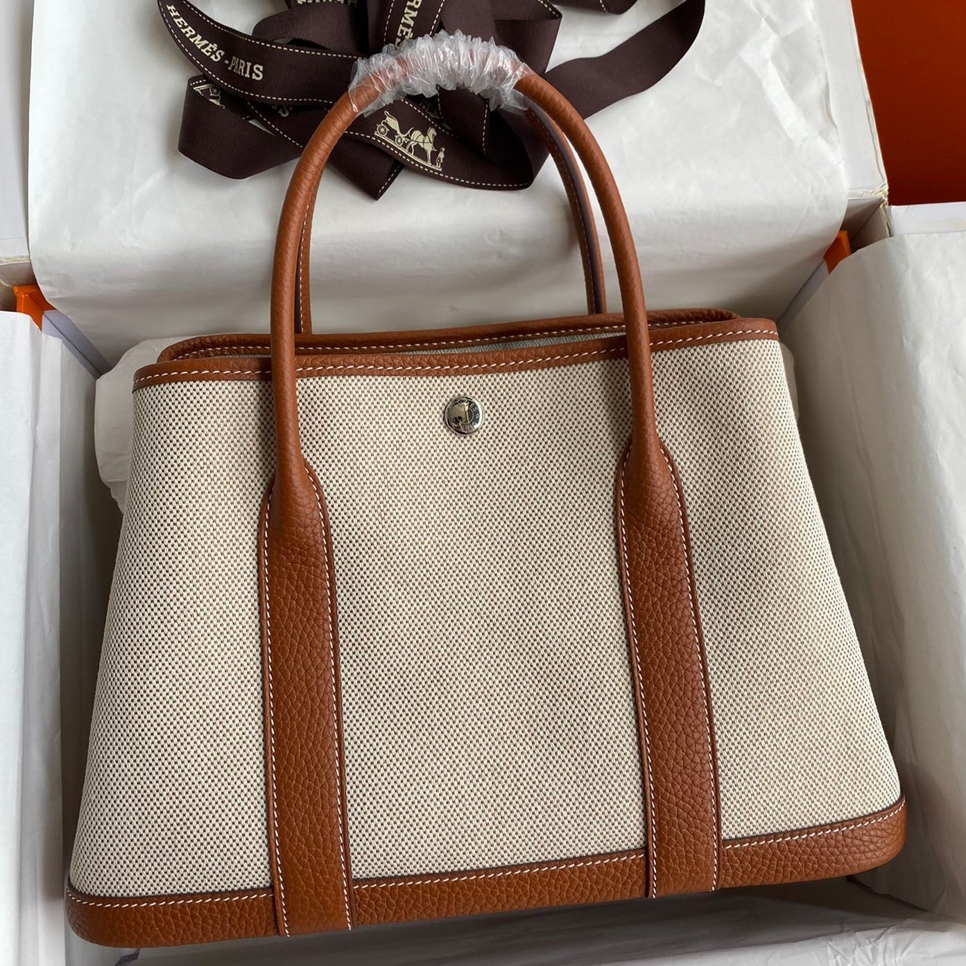 H**mes garden party 30 handmade bag in toile and gold leather