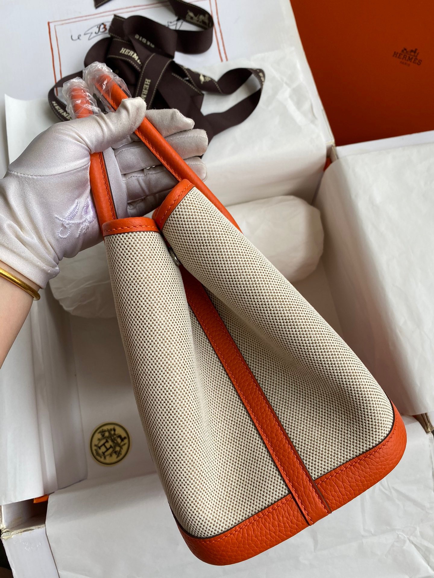 H**mes garden party 30 handmade bag in toile and orange leather